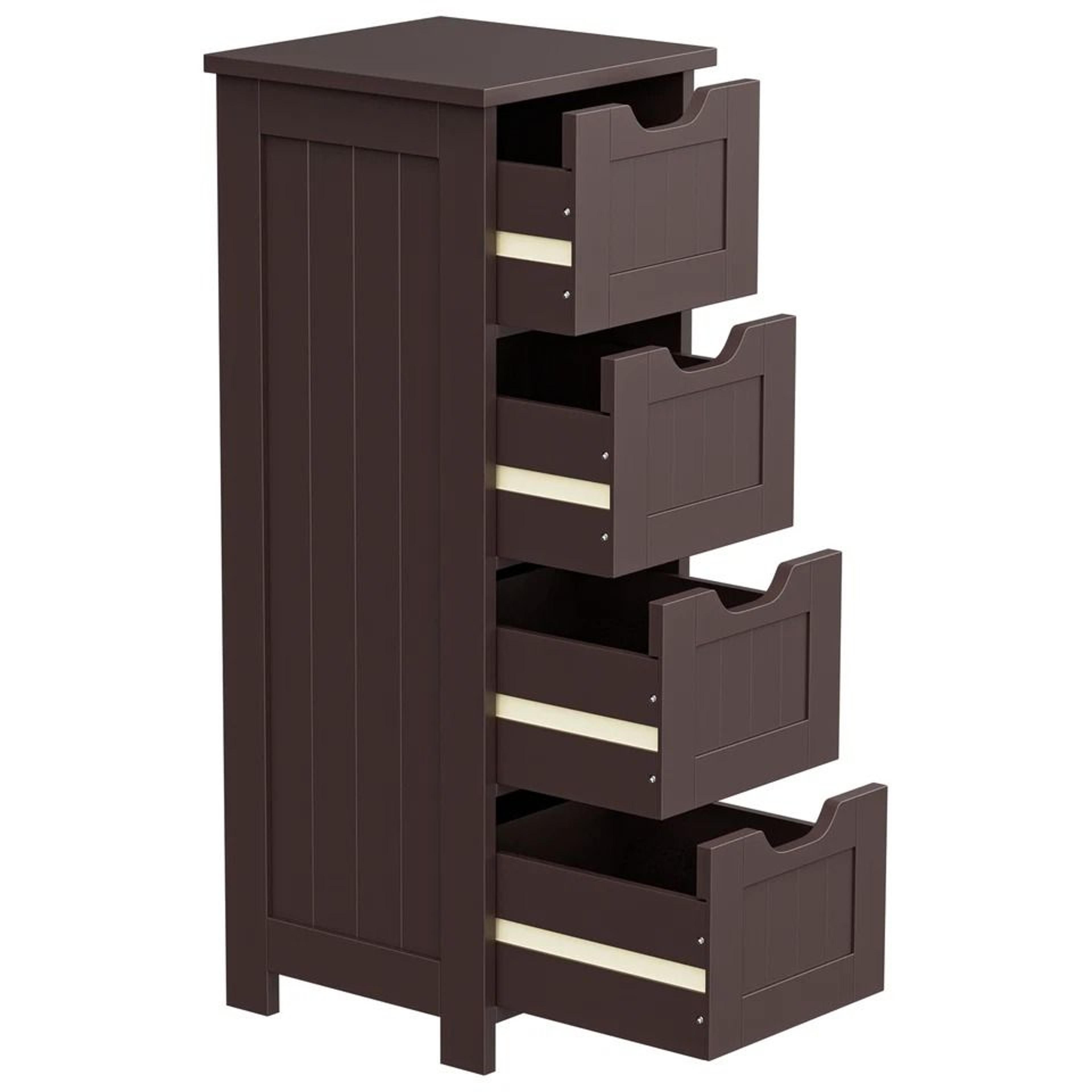 Freestanding Bathroom Floor Cabinet Brown Wood Side Organizer With 4 Spacious Drawers Durable MDF S