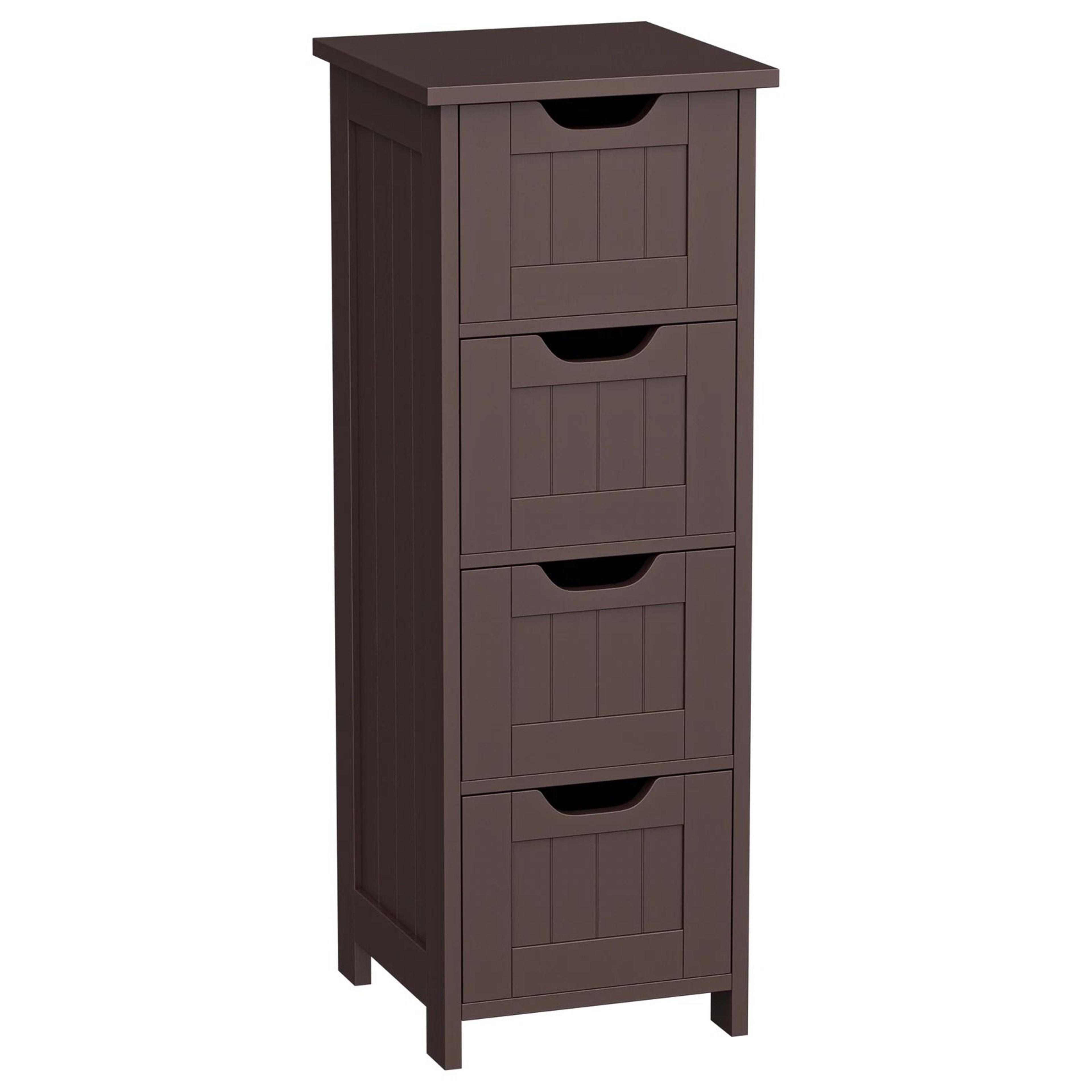 Freestanding Bathroom Floor Cabinet Brown Wood Side Organizer With 4 Spacious Drawers Durable MDF S