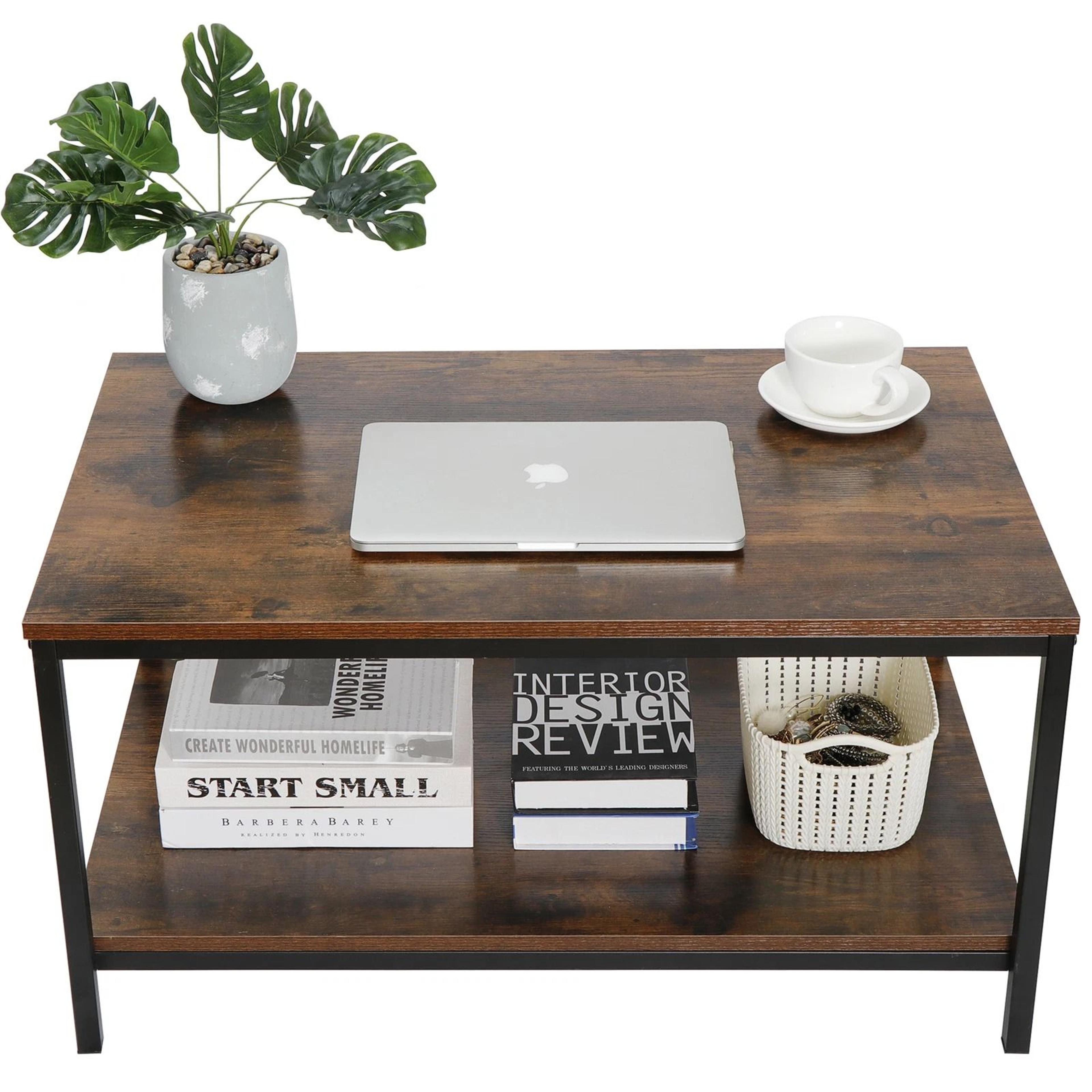 Vintage Rustic Wood Coffee Table With Strong Frame Living Room Coffee Table With Mesh Shelf Dining  7