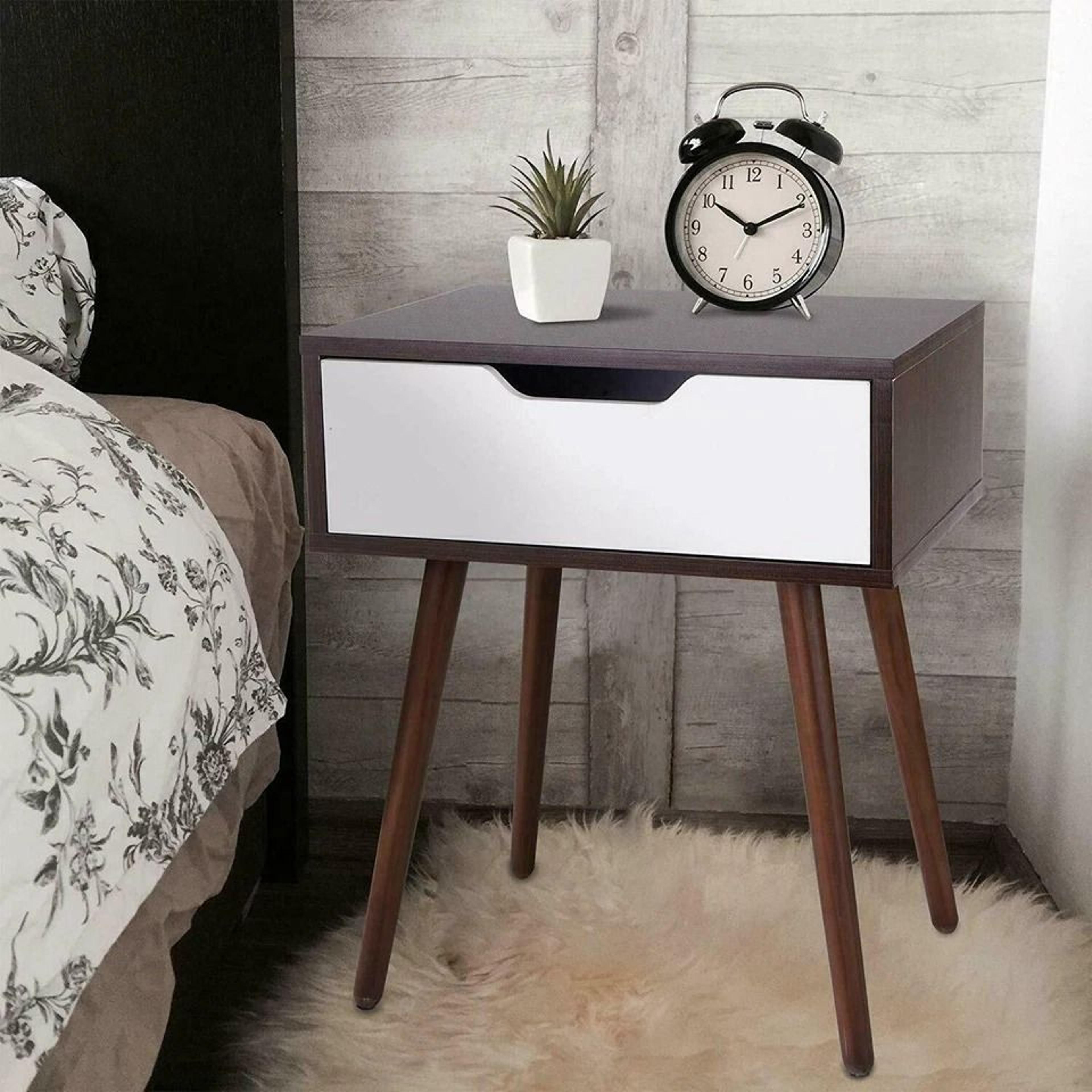 modern wooden side table, sliding drawer with smiley handle, elegant bedroom nightstand