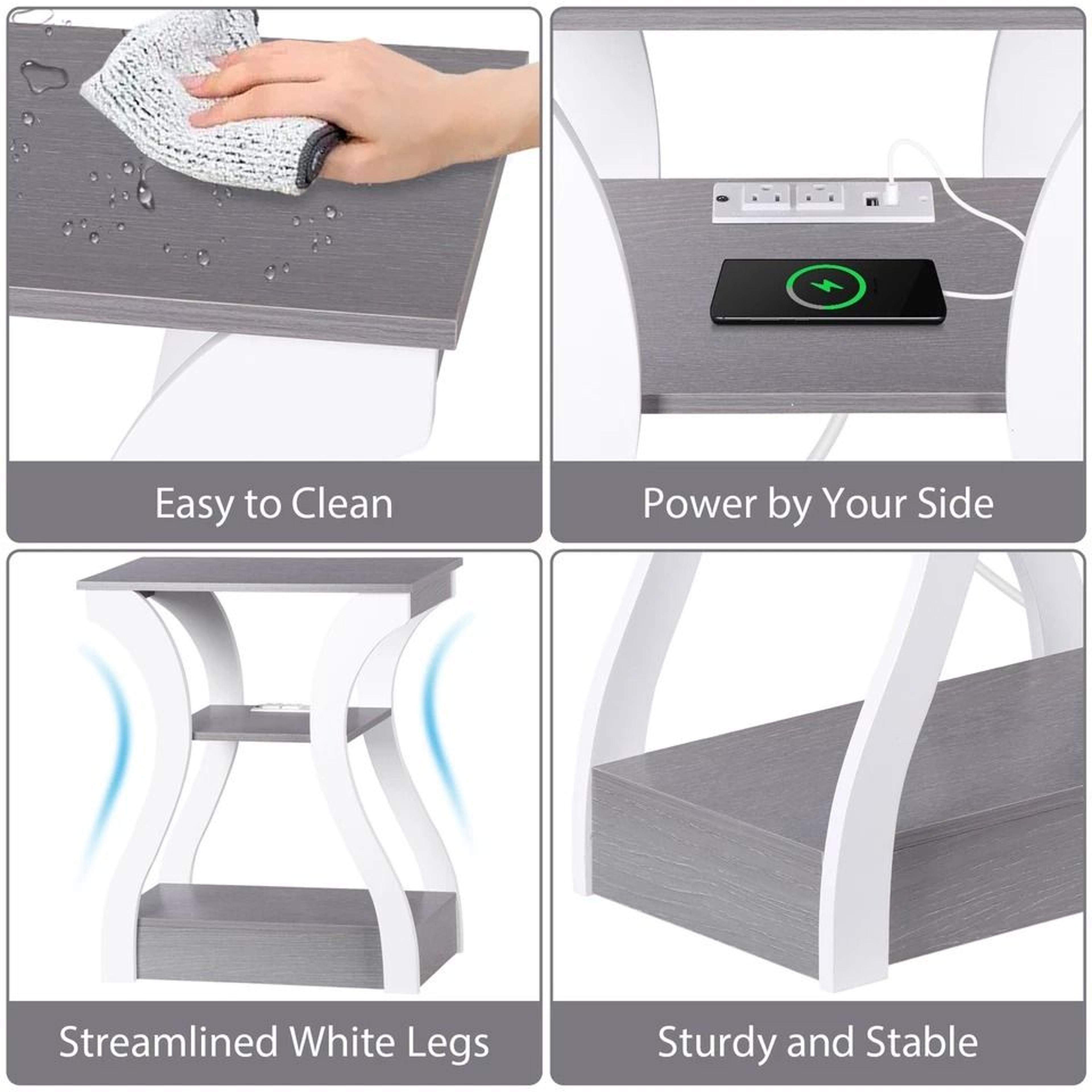 End Table With USB Ports Side Table With Outlets Gray Tier Storage Charging Station For Bedroom 1