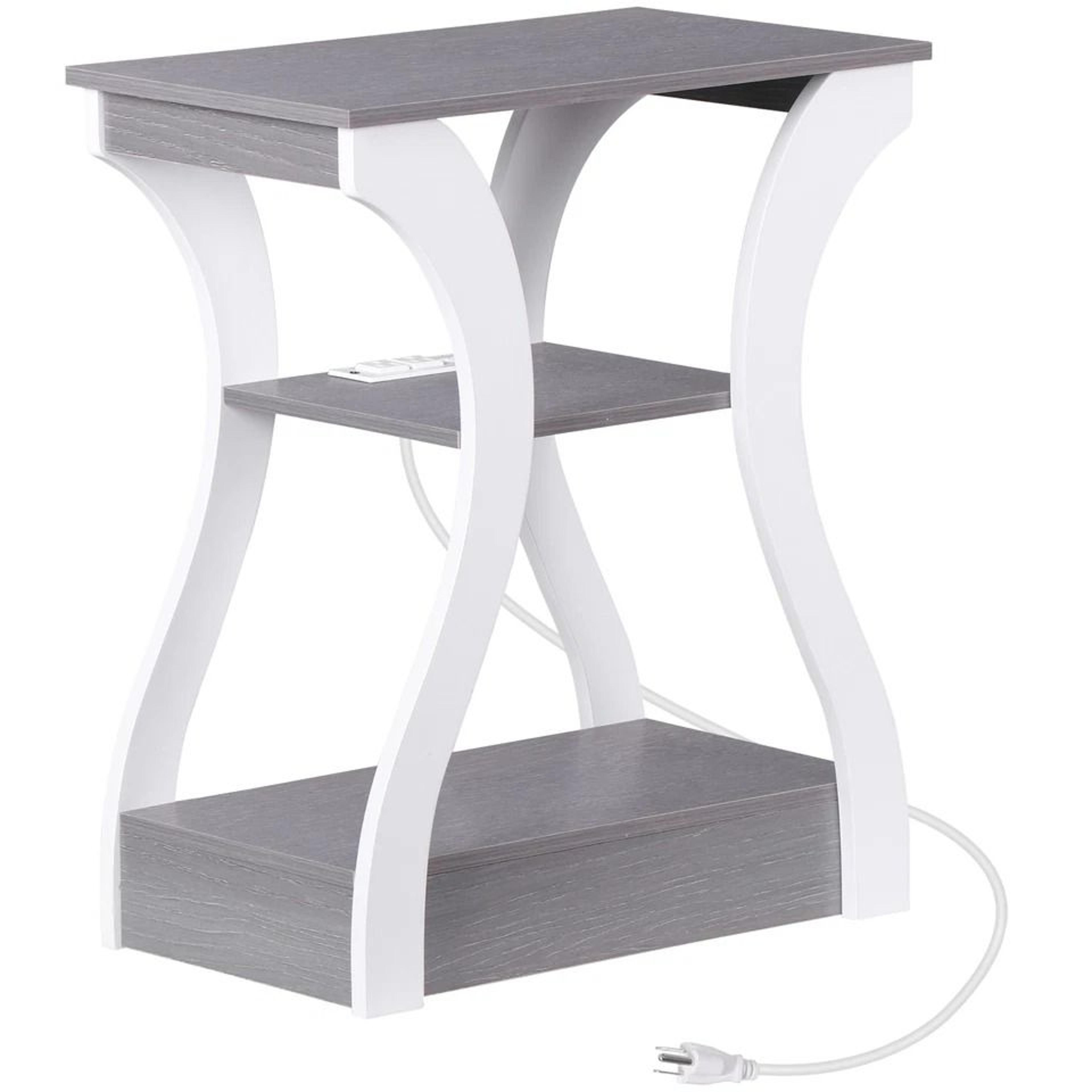 end table with usb ports, side table with outlets, gray tier storage, charging station for bedroom