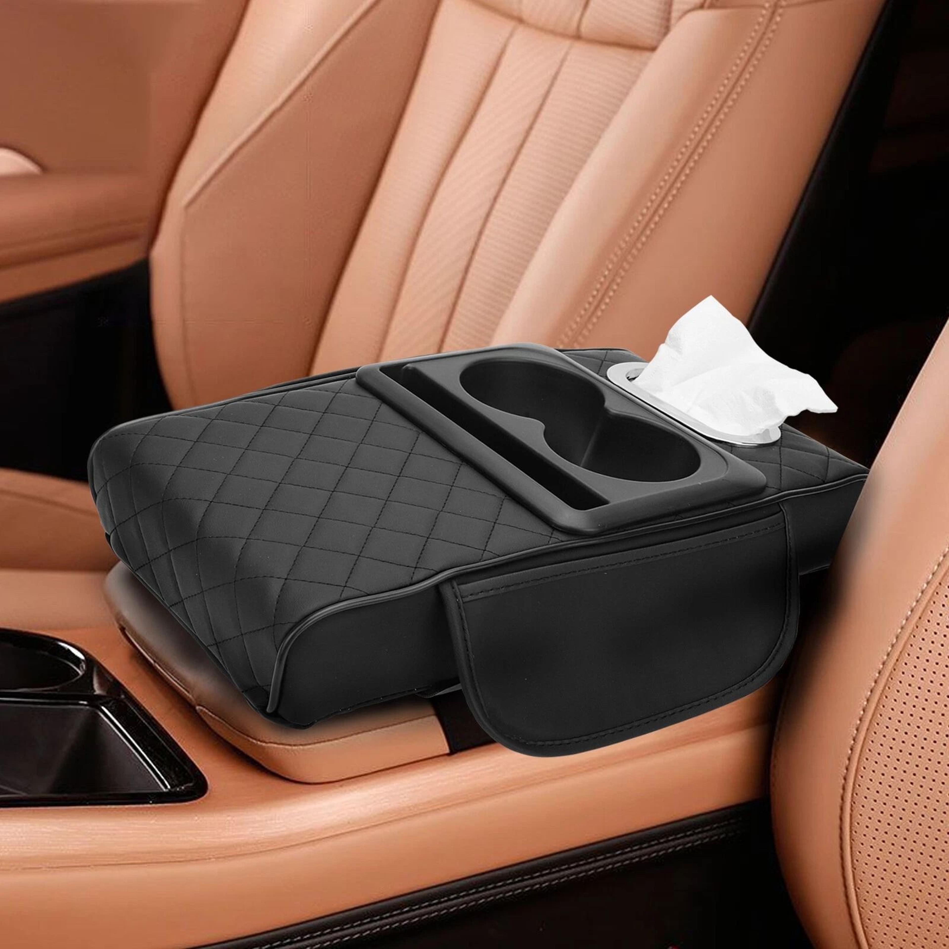 black car armrest pad cover with cup holder, tissue box, phone slot - memory foam