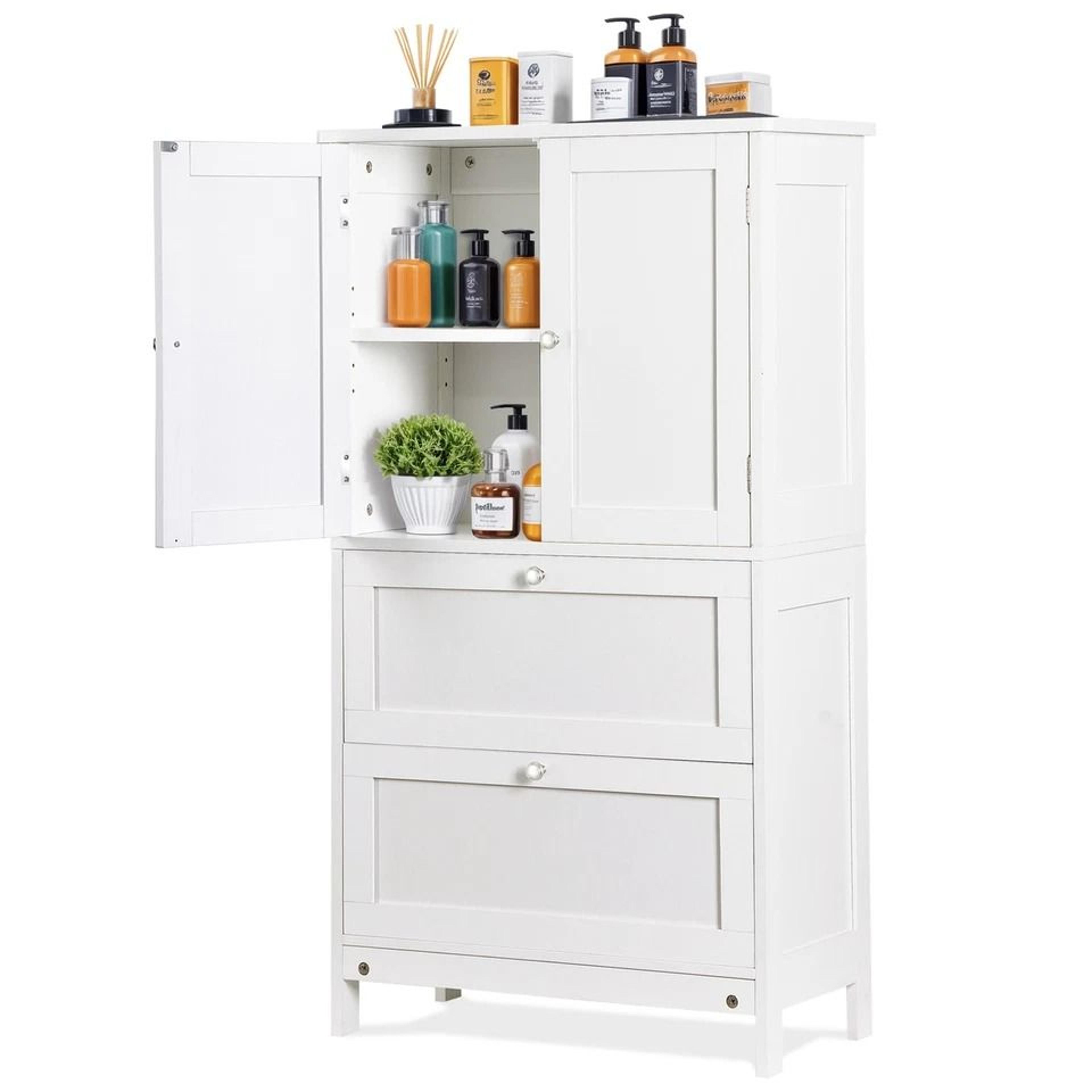 white bathroom floor cabinet, adjustable shelves, hidden storage, large capacity, stylish design