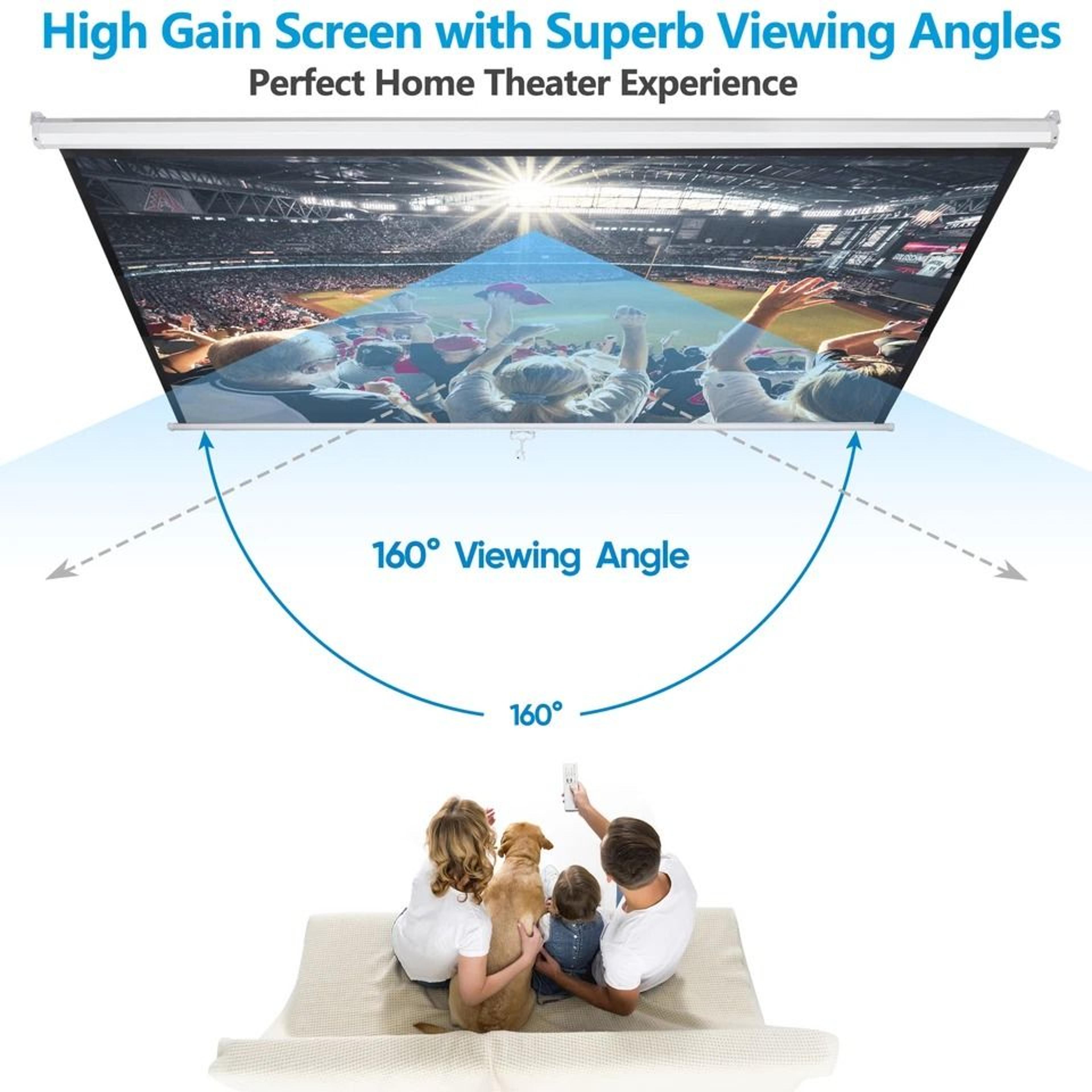 HD Projector ScreenDiagonal Pull Down Home Theater Projection Matte White Viewing Angle 4