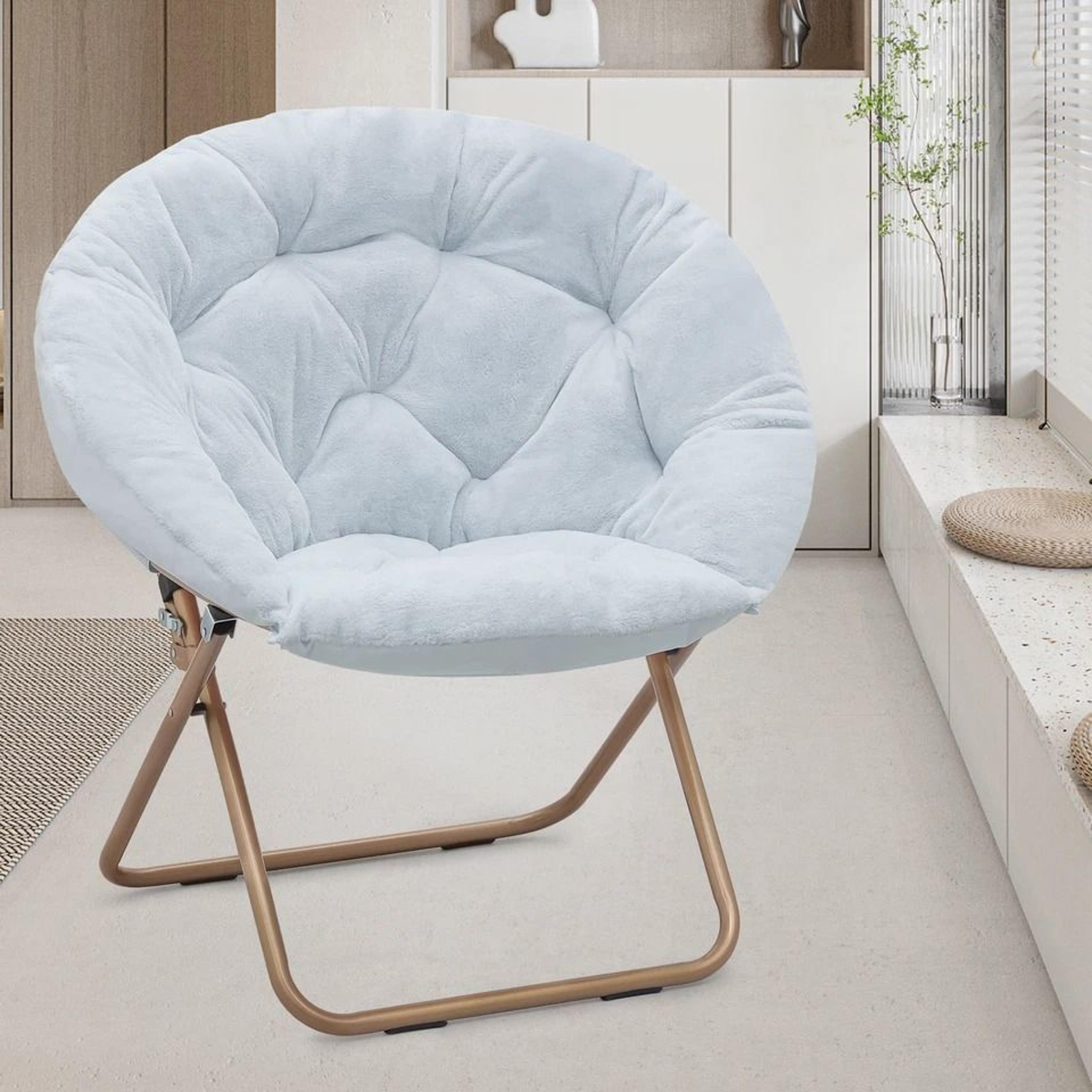 Comfy Moon Lounge Chair Folding Saucer Chair With Blue Cozy Faux Fur Upholstery Seat 2
