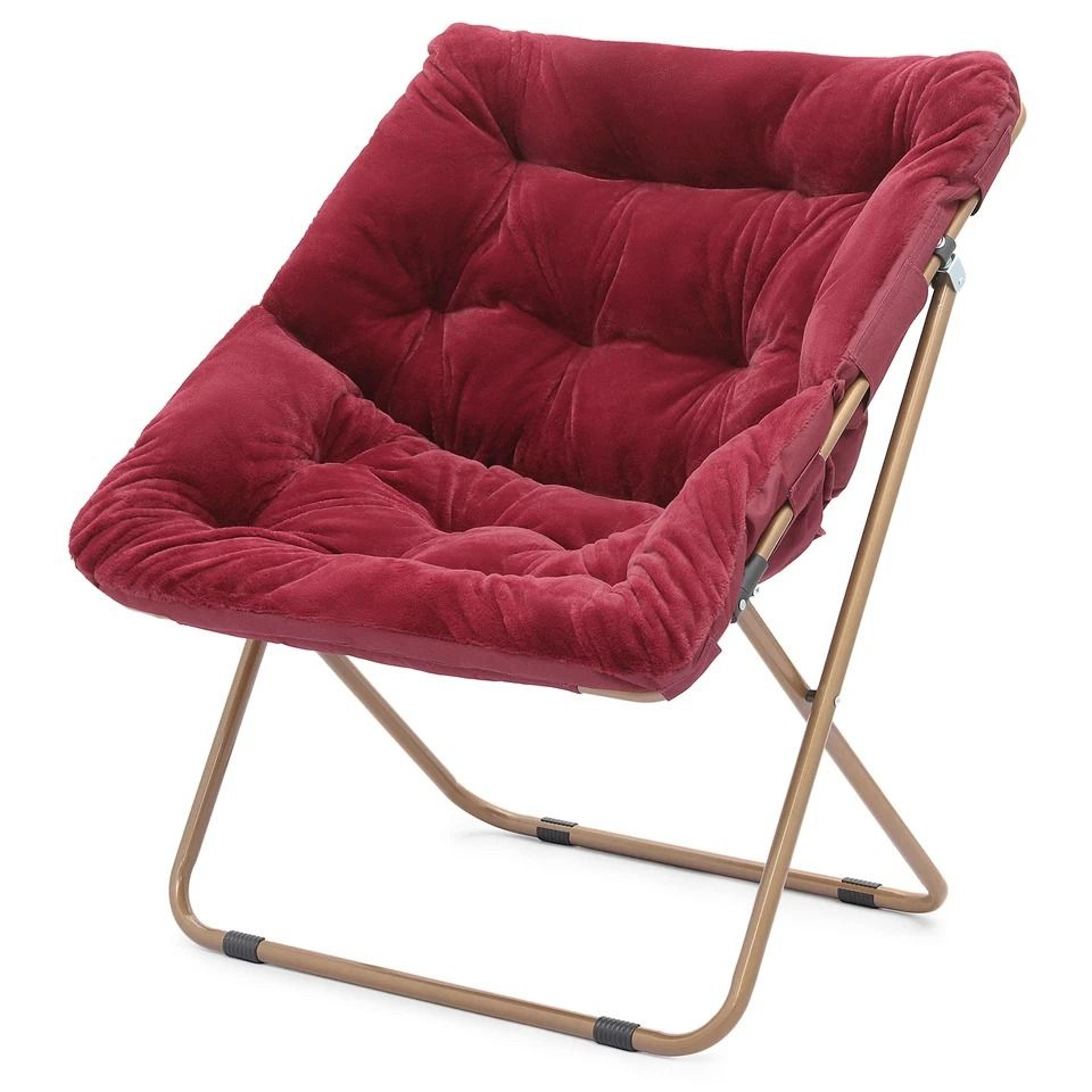 red faux fur saucer accent chair, foldable lounge chair, oversized seat, cozy lazy moon chair for relaxing