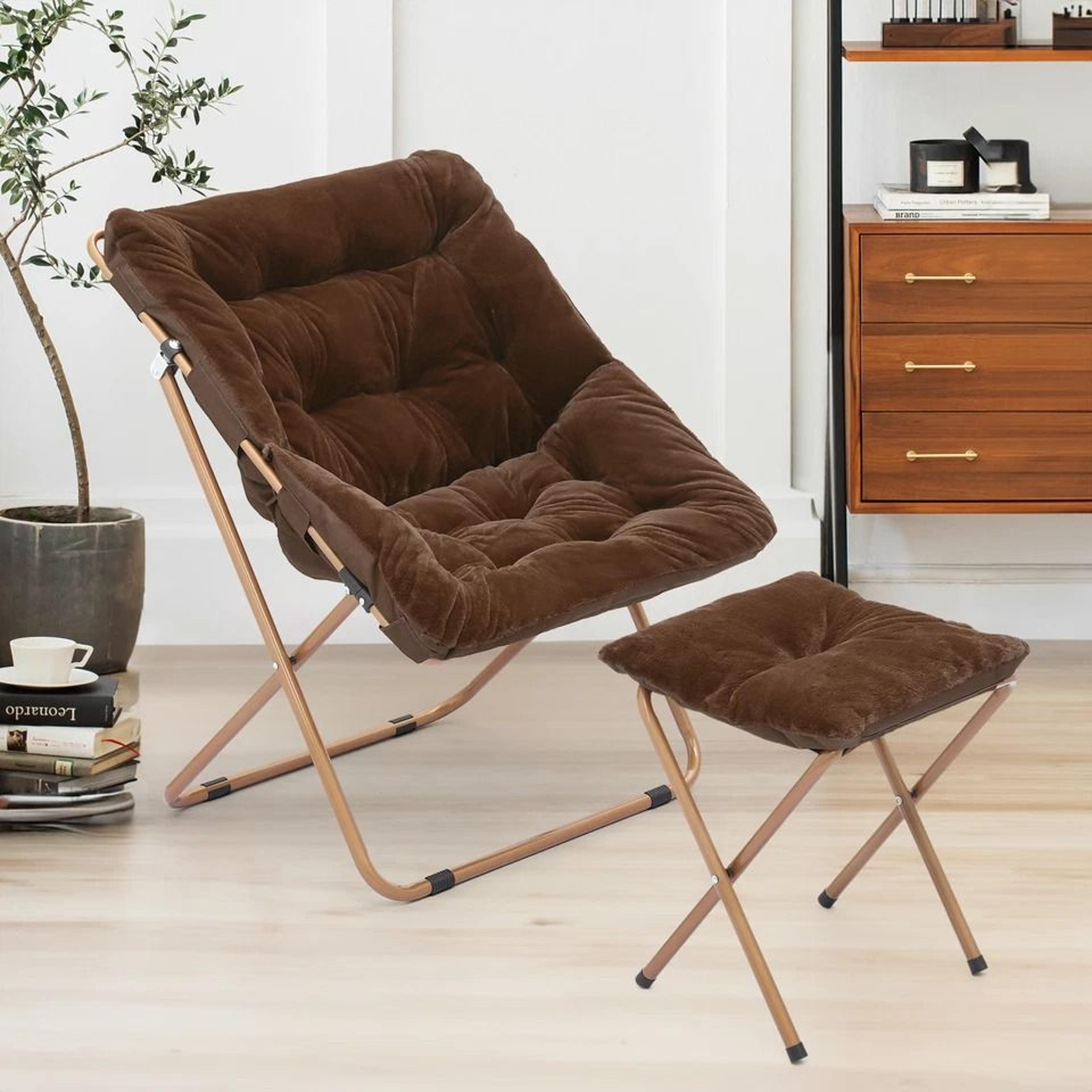 Cozy Foldable Brown Saucer Chair Footrest Faux Fur Oversized Lounge Accent Chair 3