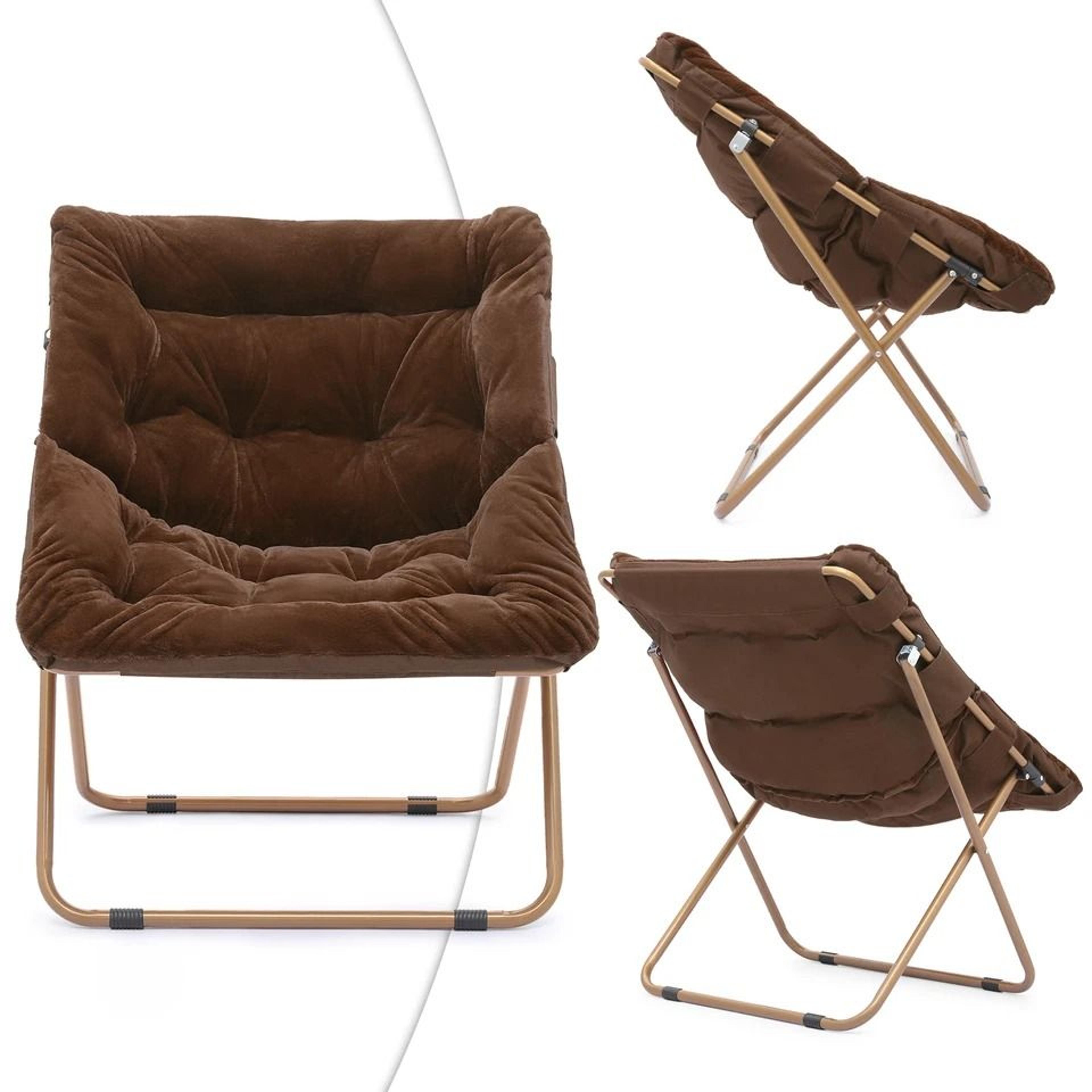 Cozy Foldable Brown Saucer Chair Footrest Faux Fur Oversized Lounge Accent Chair 6