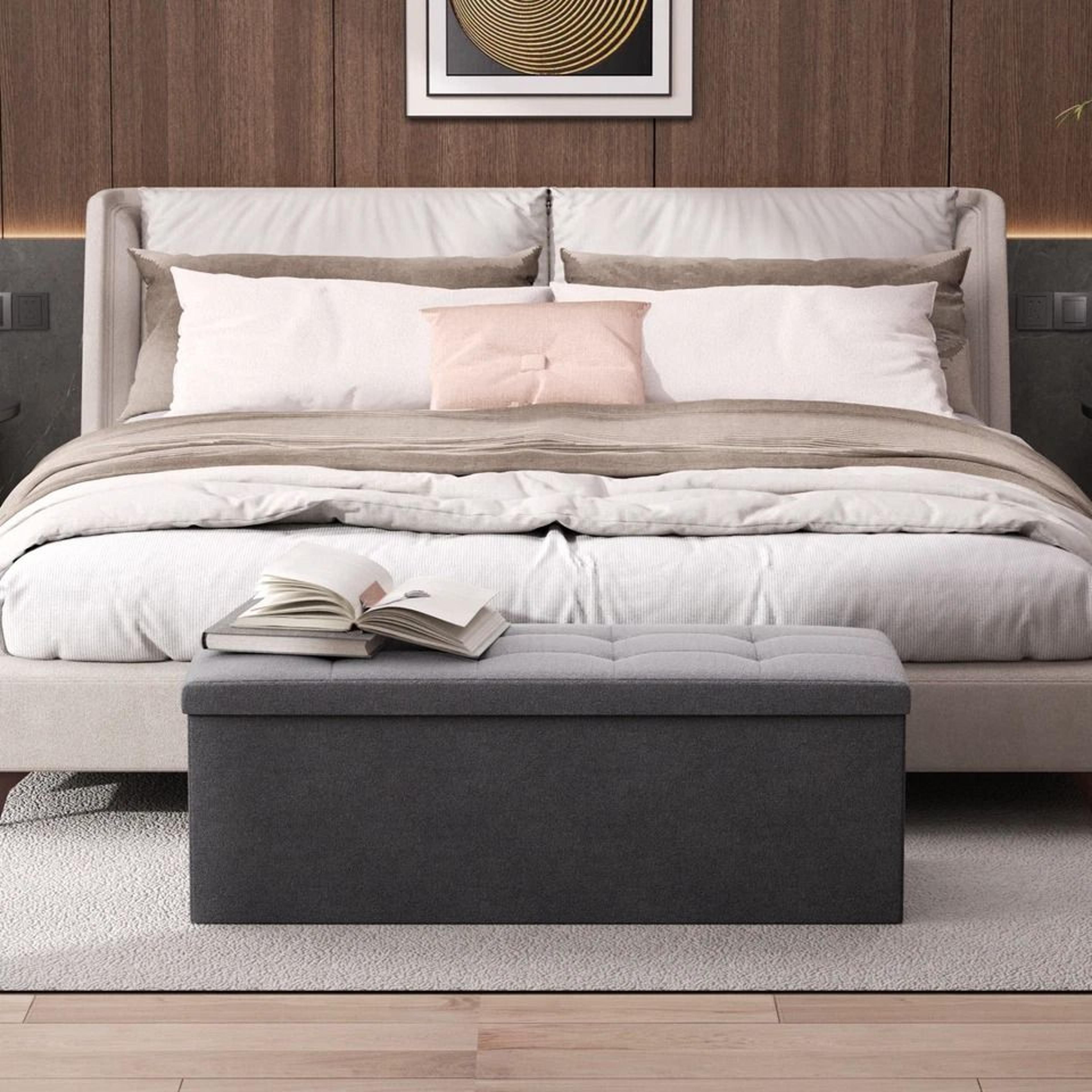 Gray Upholstered Footstool Rectangular Fabric Storage Ottoman Multifunctional Storage Bench For Bed 2