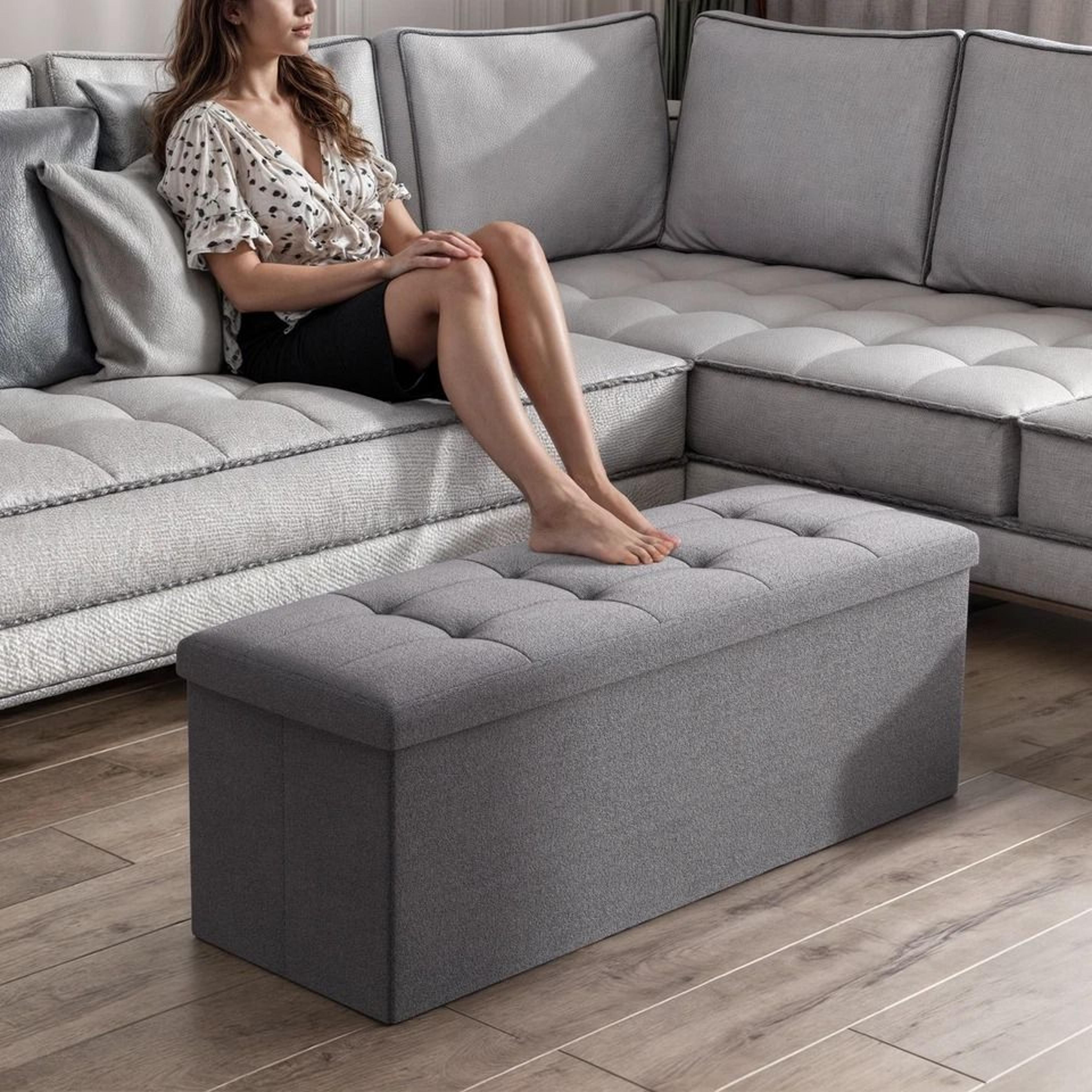 Gray Upholstered Footstool Rectangular Fabric Storage Ottoman Multifunctional Storage Bench For Bed 3