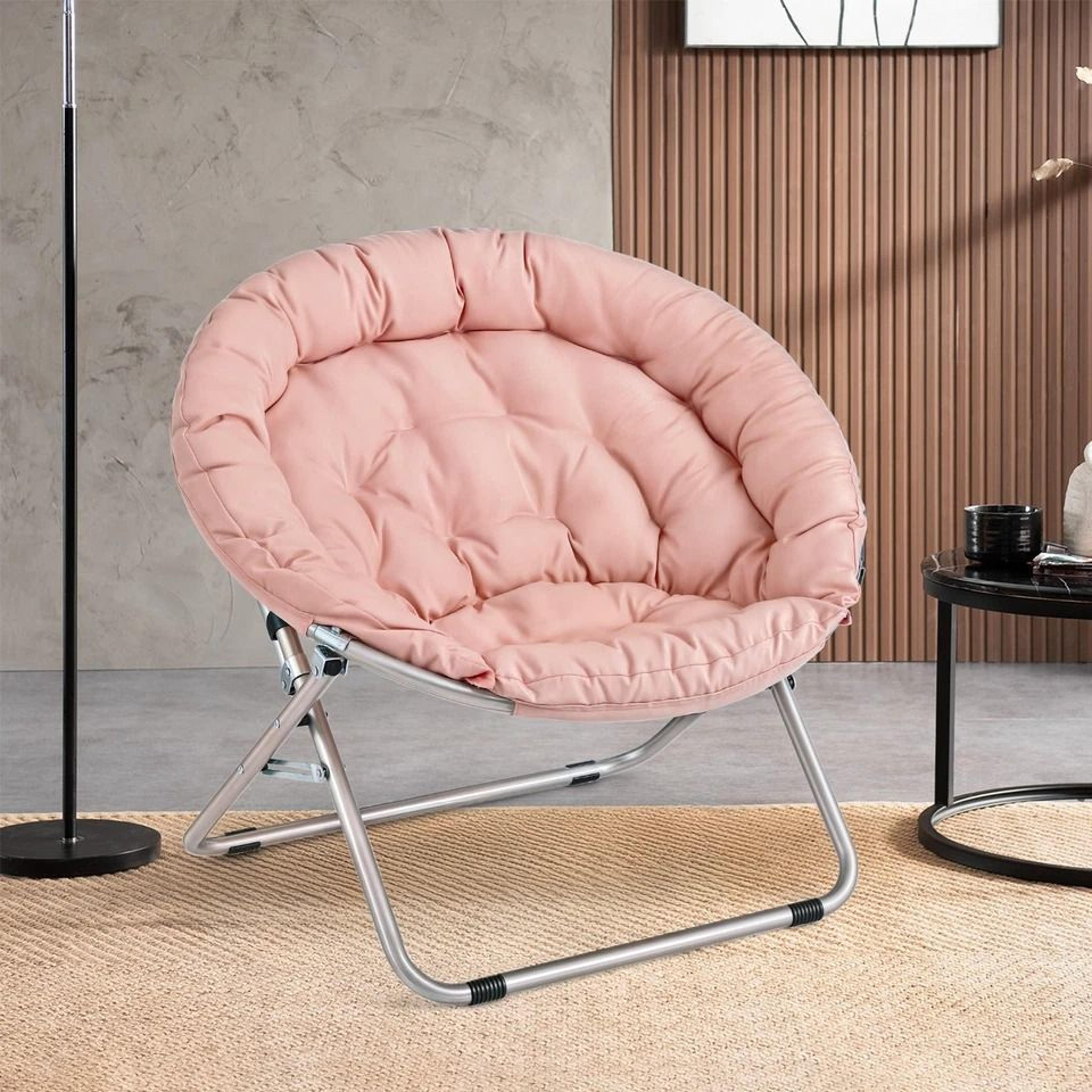 Foldable Saucer Chair Comfy Accent Lounge Chair Pink Soft Round Moon Padded Seat 2