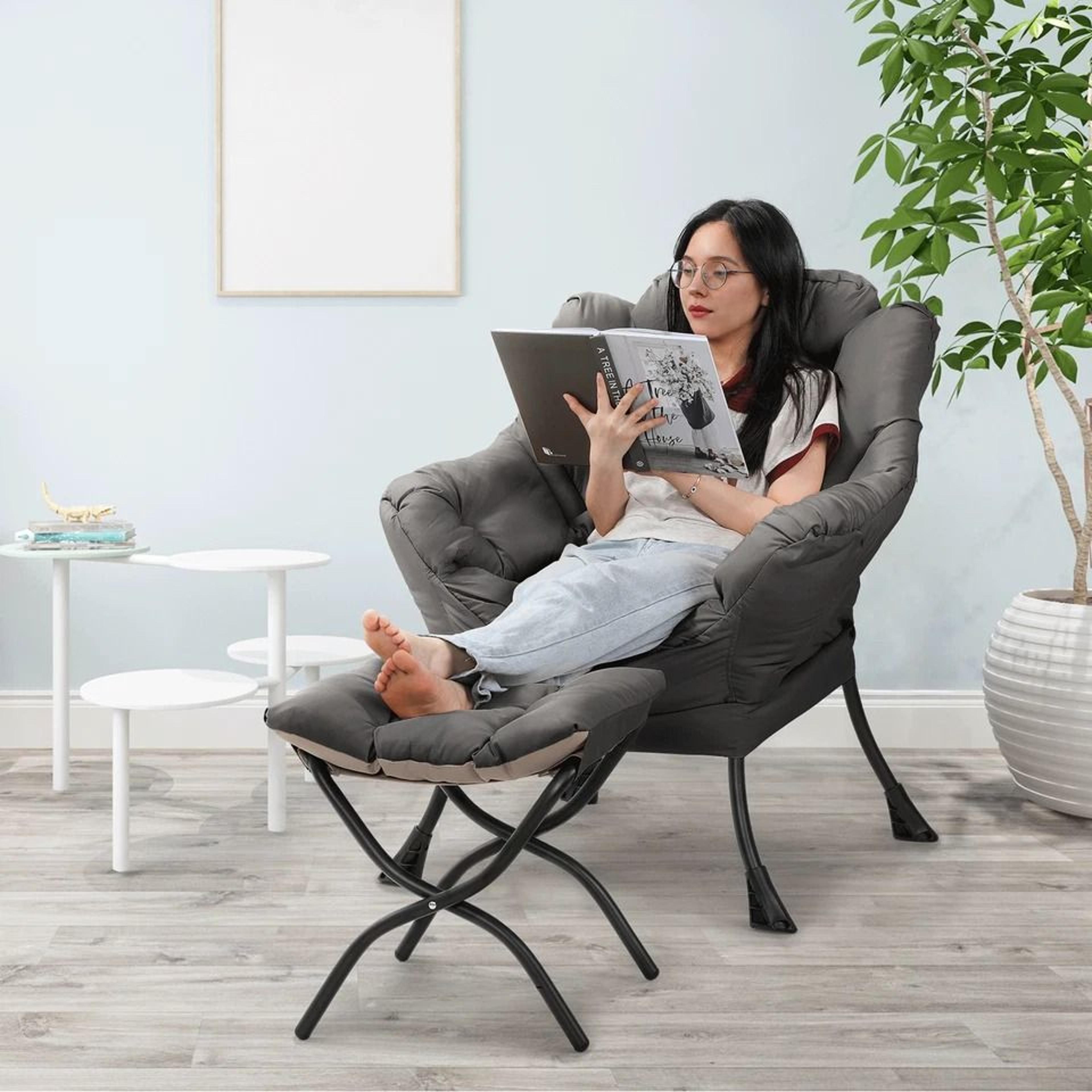 Upholstered Modern Gray Soft Accent Chair Living Room Lazy Sofa Chair With Ottoman 2