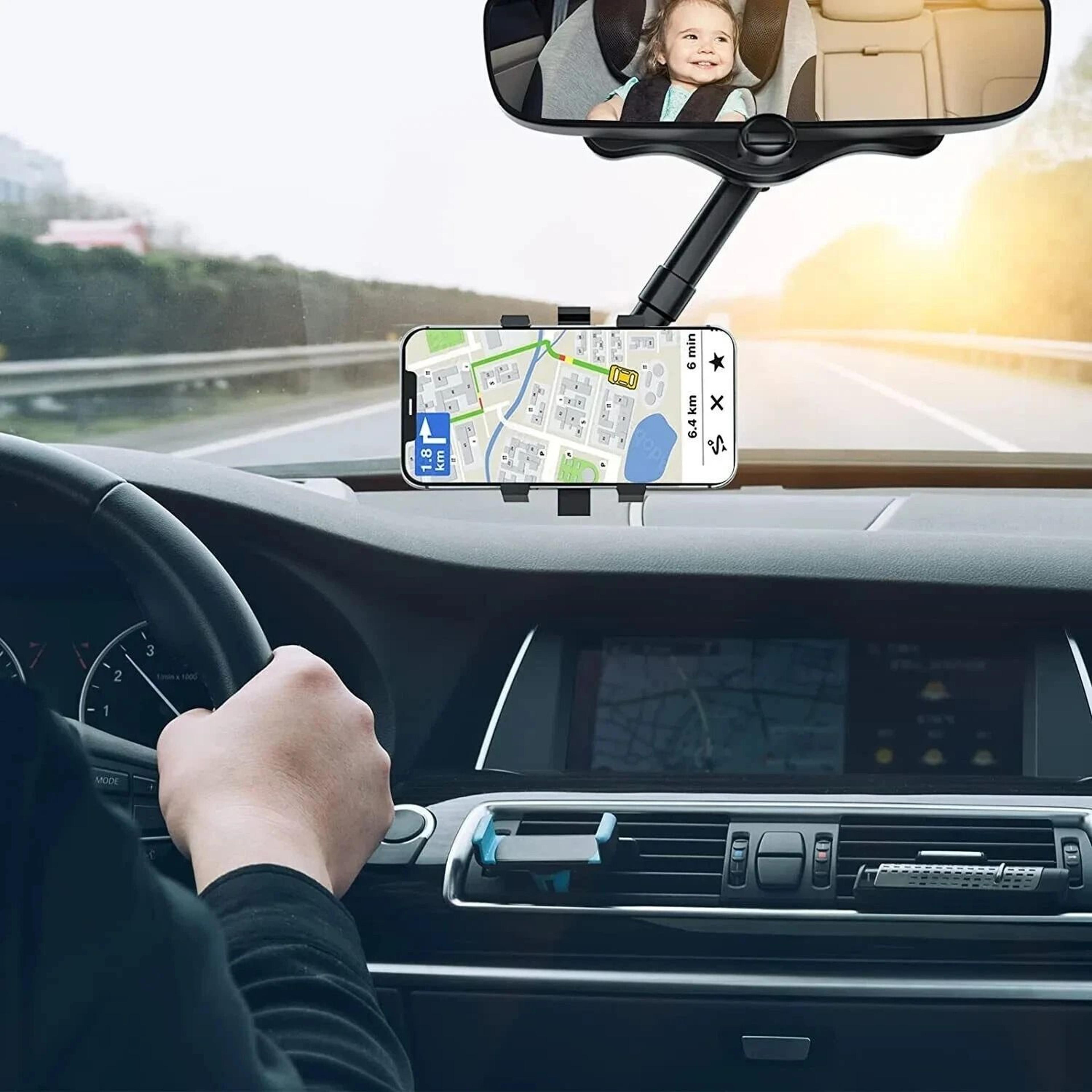 universal car phone holder, rotatable and retractable rearview mirror mount, hands-free mobile holder for safe driving
