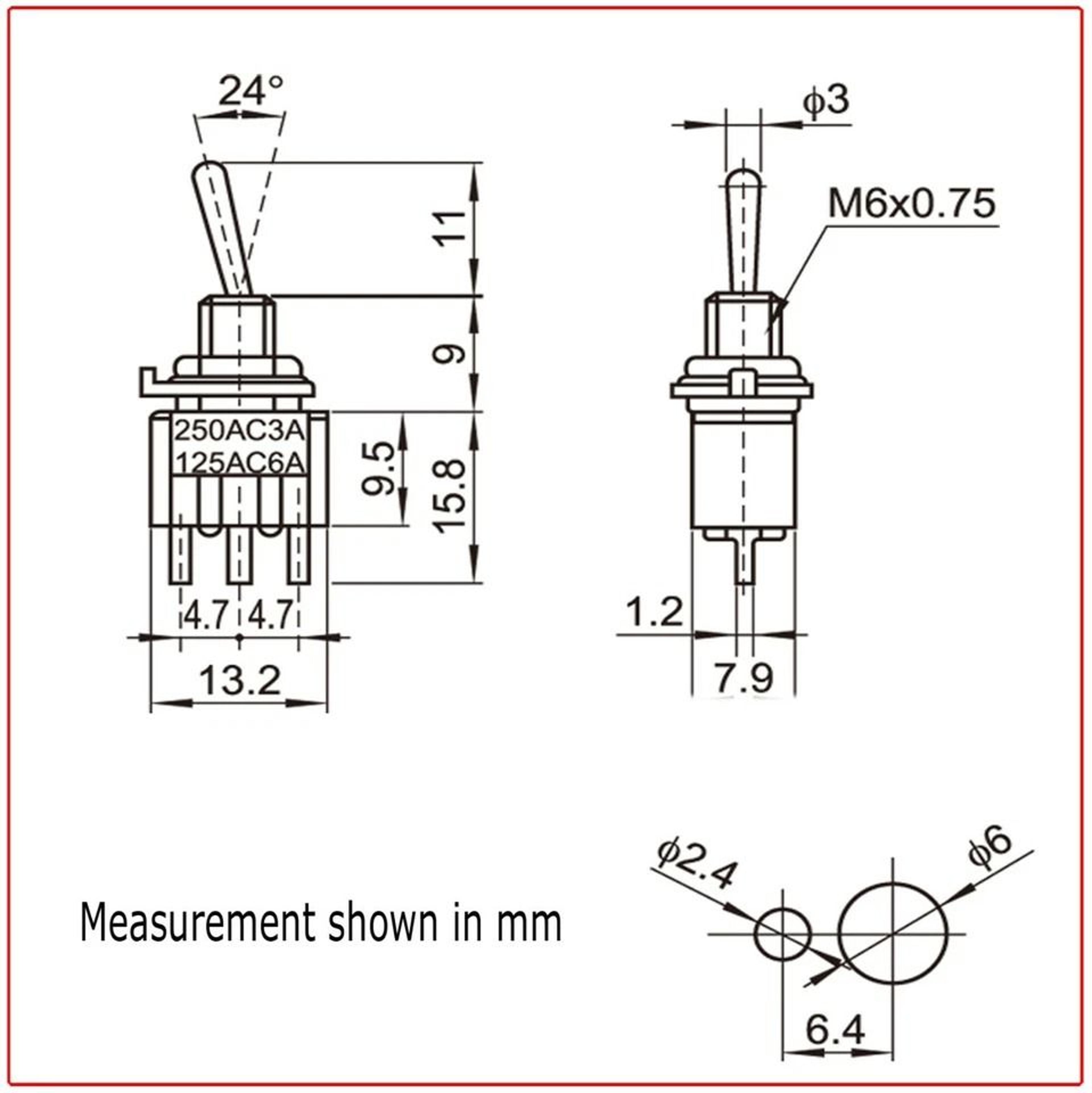 MTS Pin SPDT ONON Mini Toggle Switches Red Position Stainless Steel 3