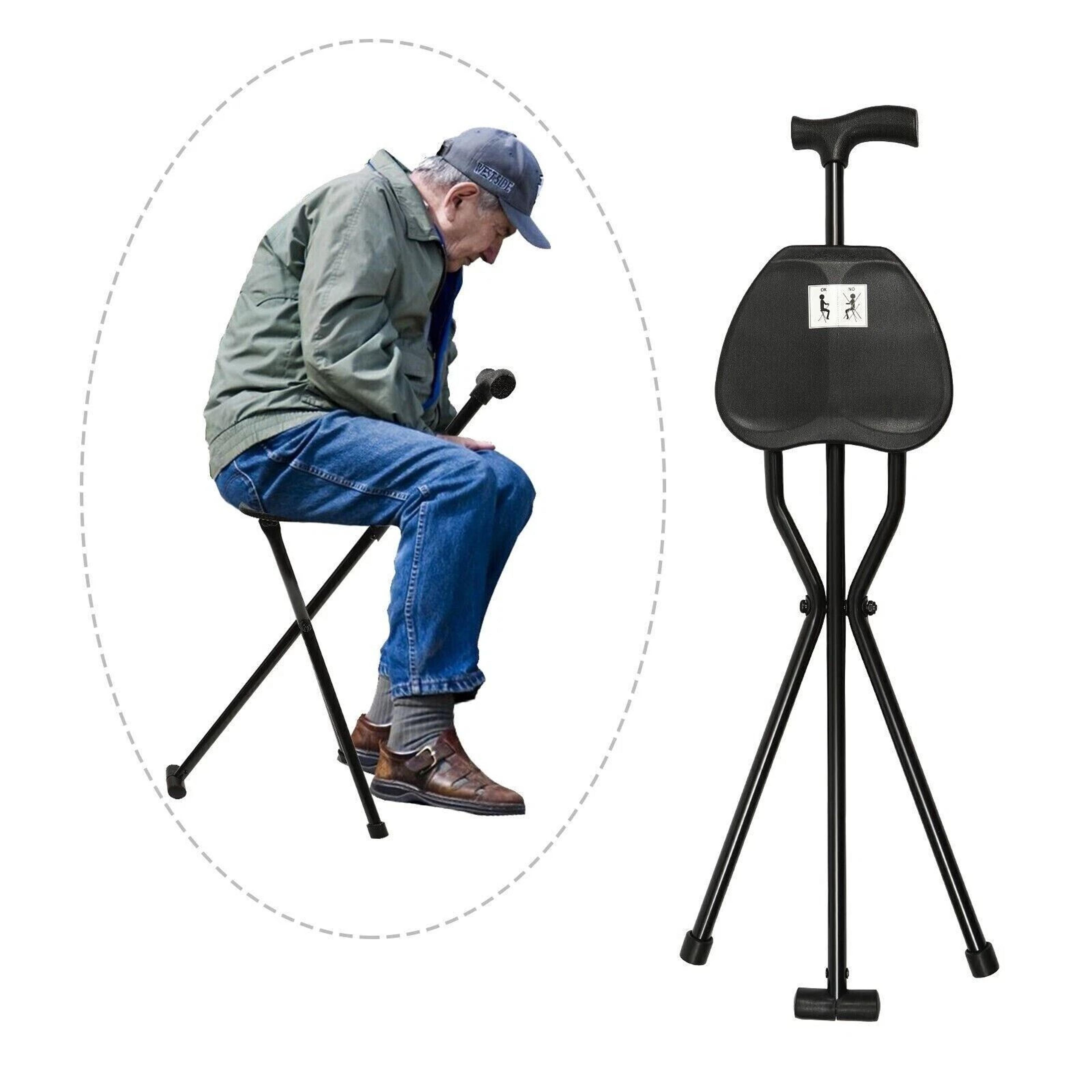 adjustable portable folding walking cane with tripod chair seat, heavy duty stool, lightweight ergonomic cane for senior