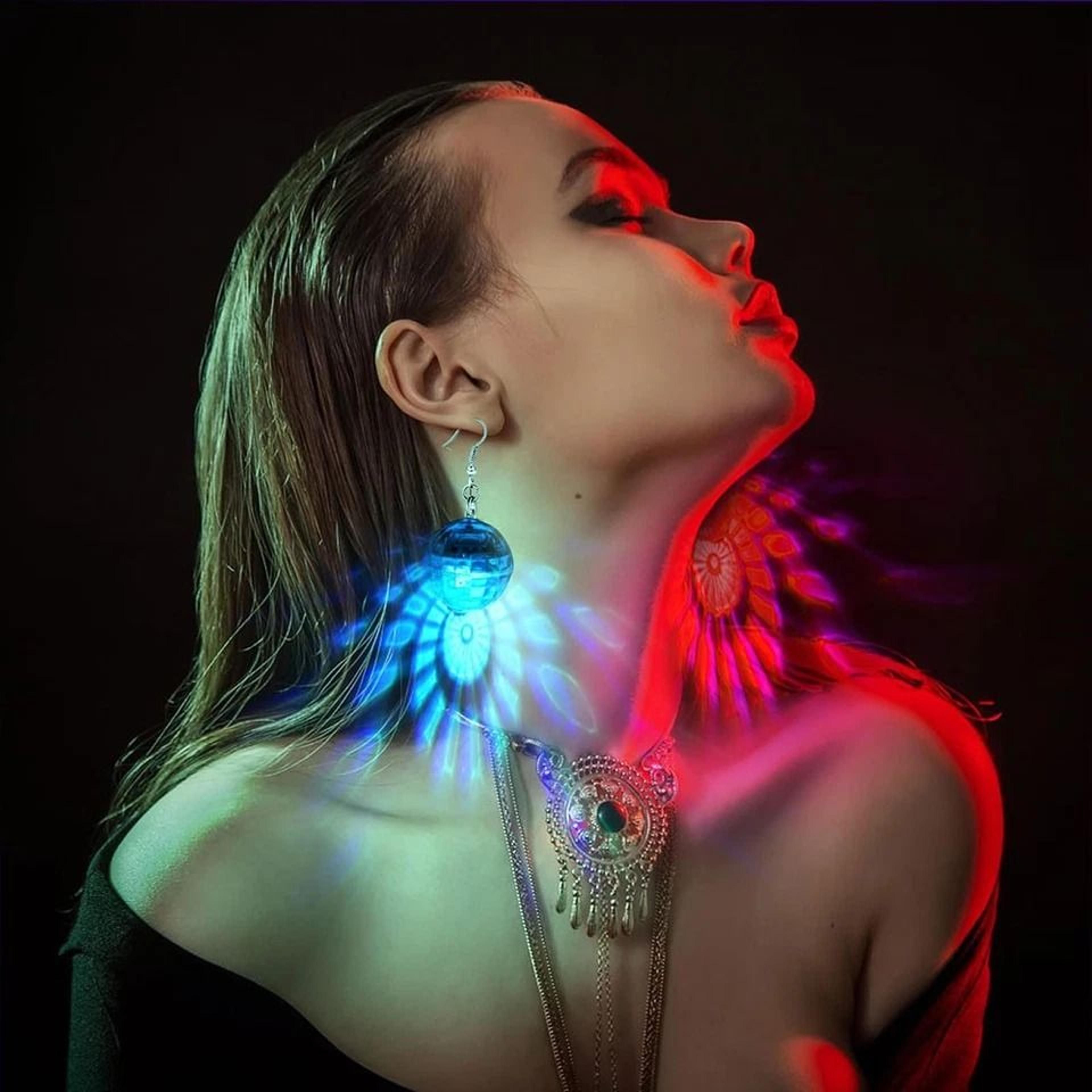 light up disco ball led earrings, perfect for xmas parties, rgb modes for fun glow