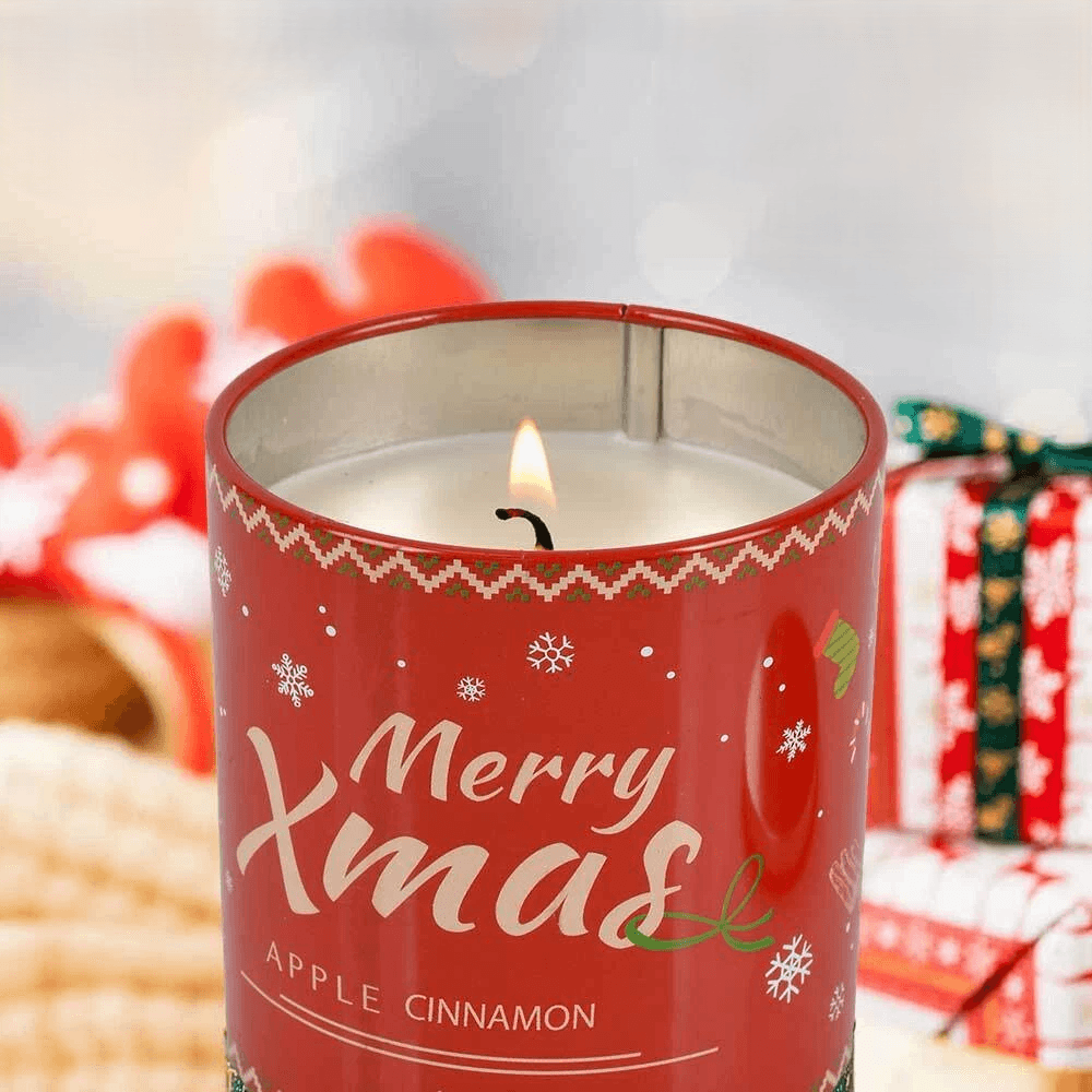 holiday decor christmas soy candle, scented aromatherapy for home, safe cinnamon & apple fragrance