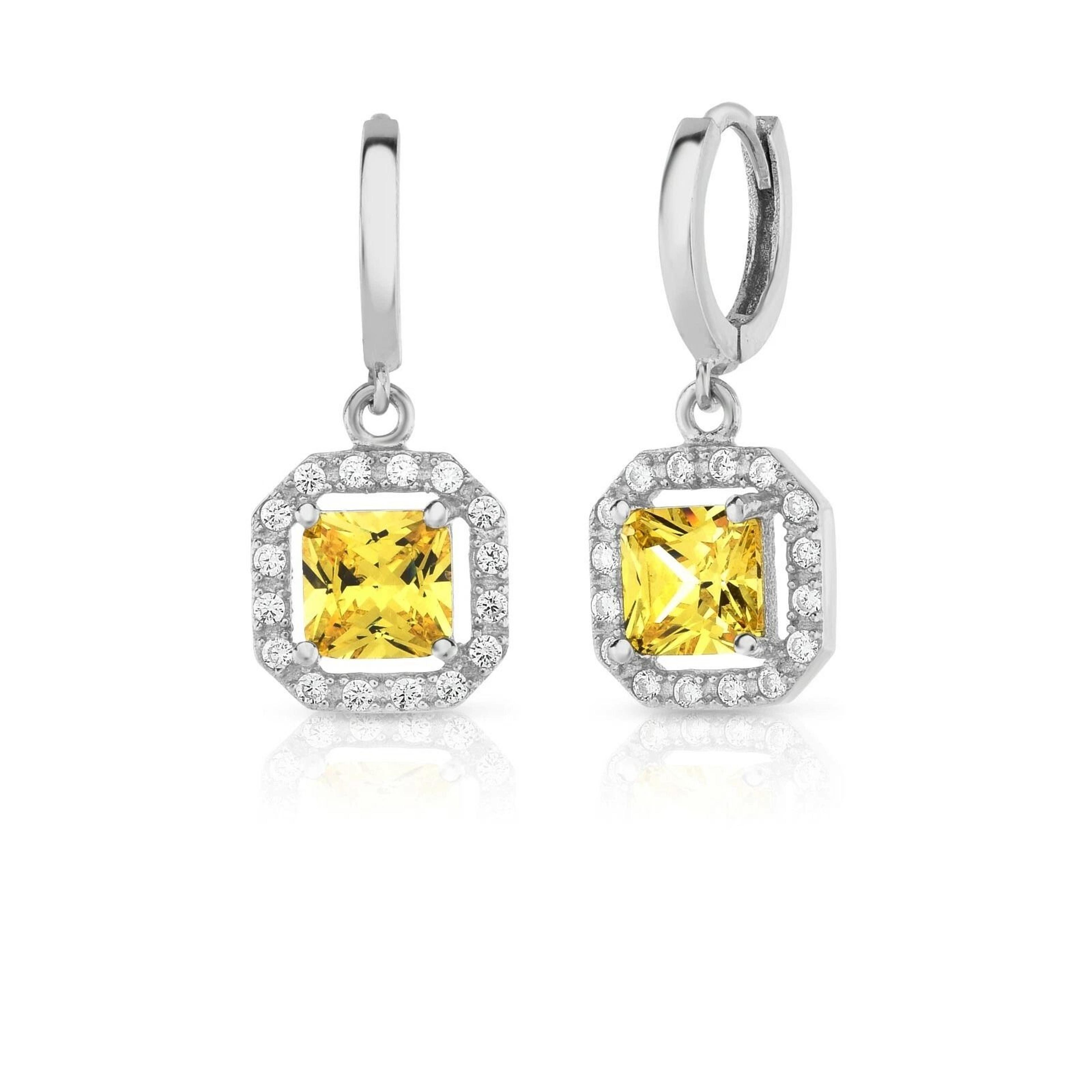 sterling silver princess cut halo leverback earrings, yellow & white topaz, cubic zirconia, drop & dangle design