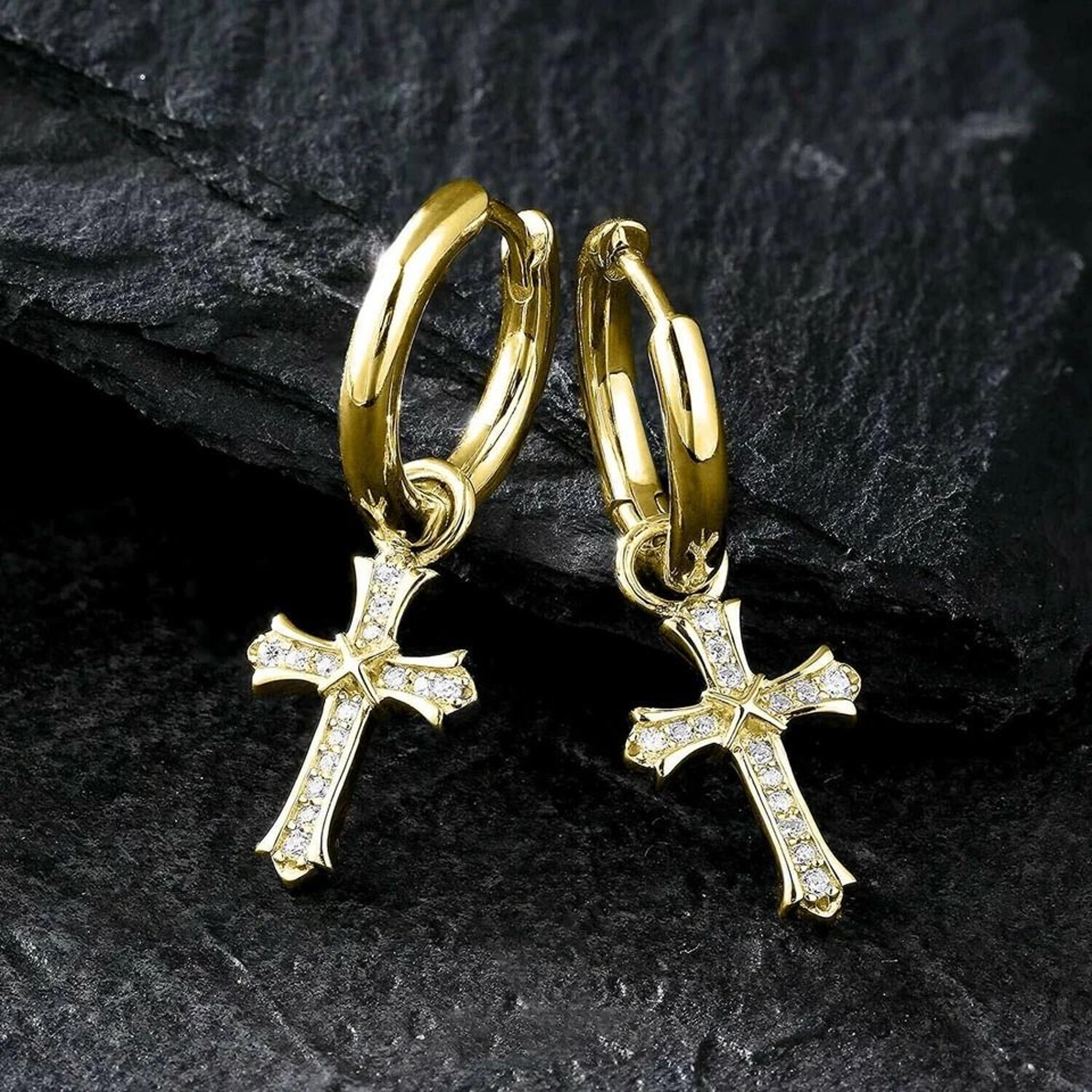 Men  Women Gold Plated CZ Cross Leverback Huggie Hoop Drop Earrings 1