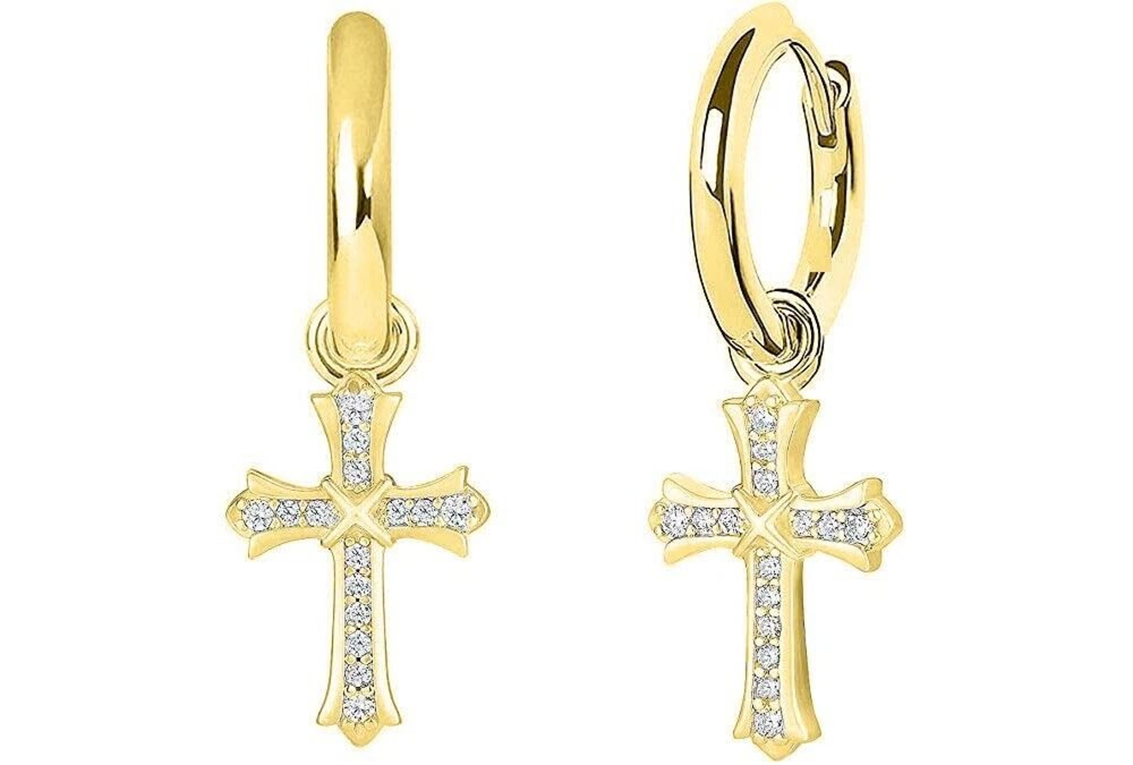 Men  Women Gold Plated CZ Cross Leverback Huggie Hoop Drop Earrings 3