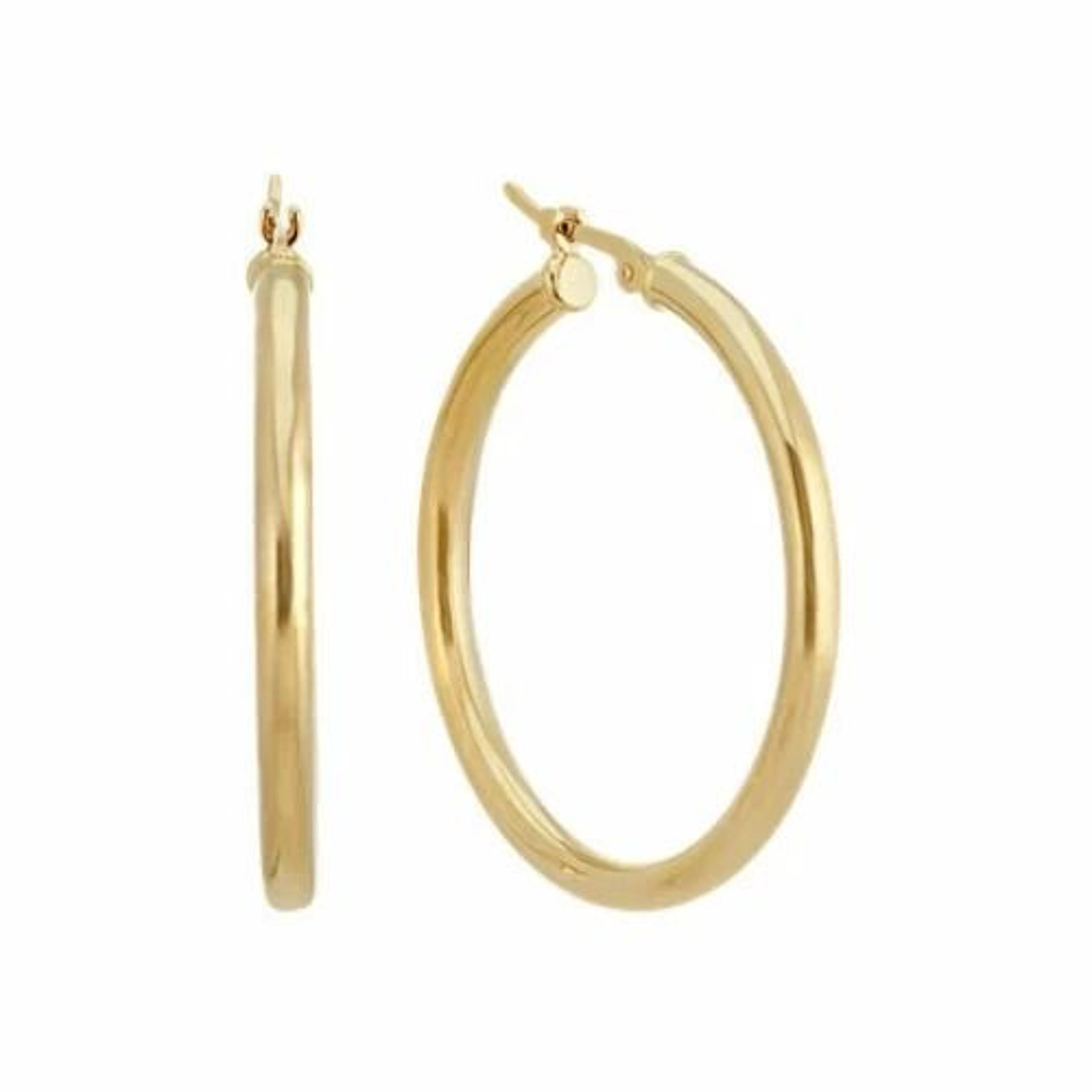 gold plated sterling silver textured hoop earrings for women, 34mm, hinged, french lock closure, hypoallergenic, timeles