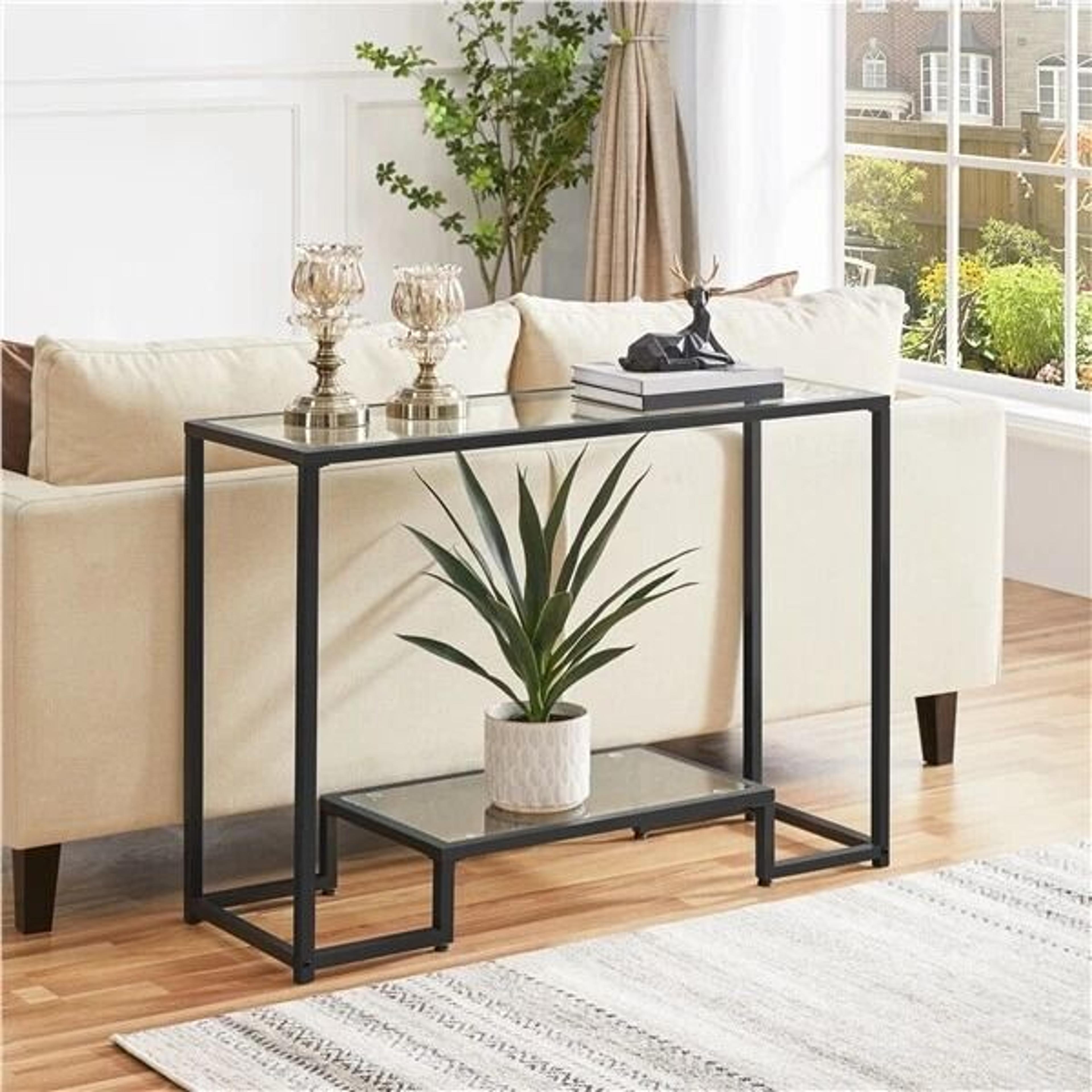 tempered glass console table, modern design for entryway, hallway, porch, kitchen, sturdy black metal frame