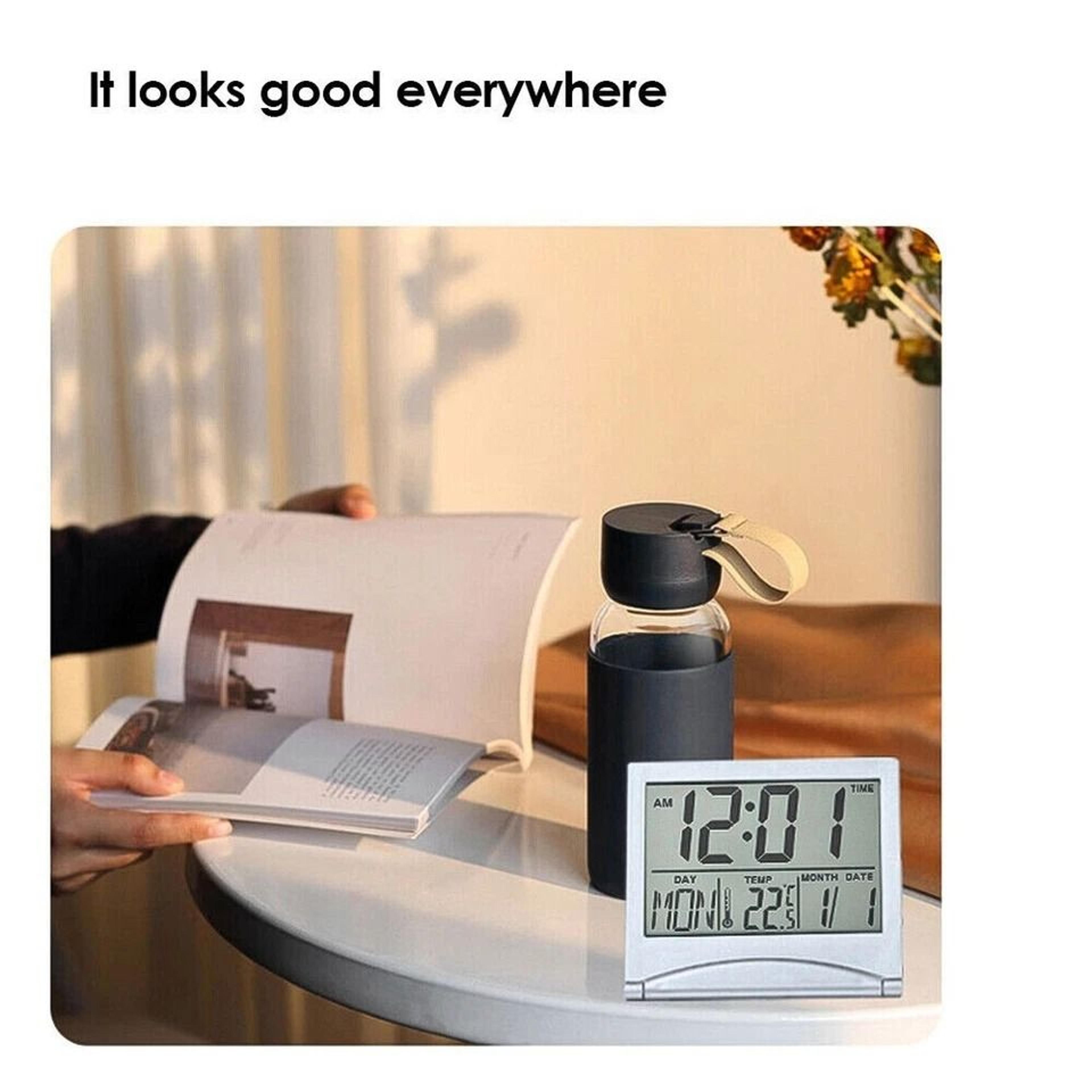 Compact Digital Travel Alarm Clock With LCD Display  Temperature Foldable  Portable Desk Timer 4