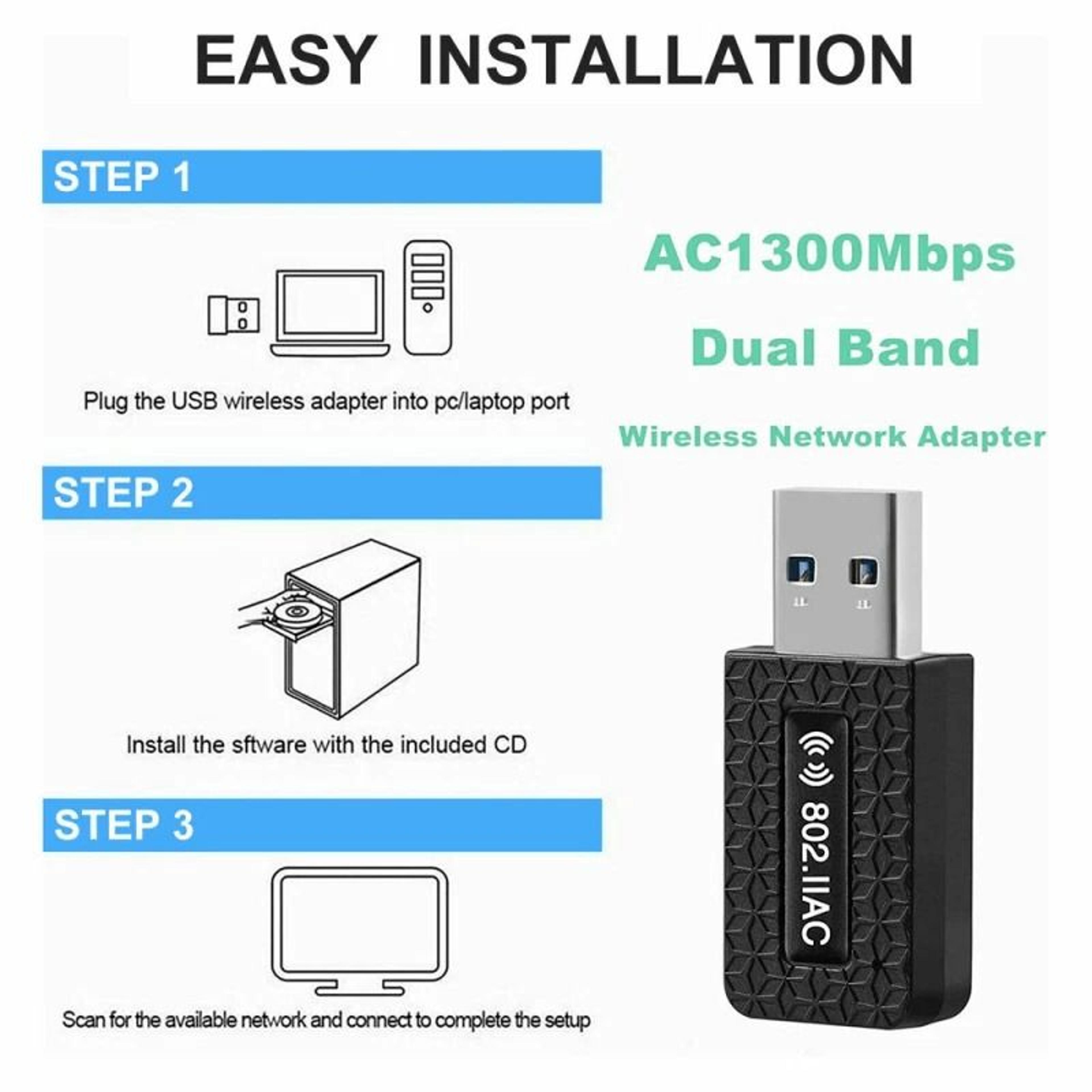 USB Wireless WiFi Adapter Dongle Dual Band USB For Desktop Laptop PC HighSpeed Internet Connection 3