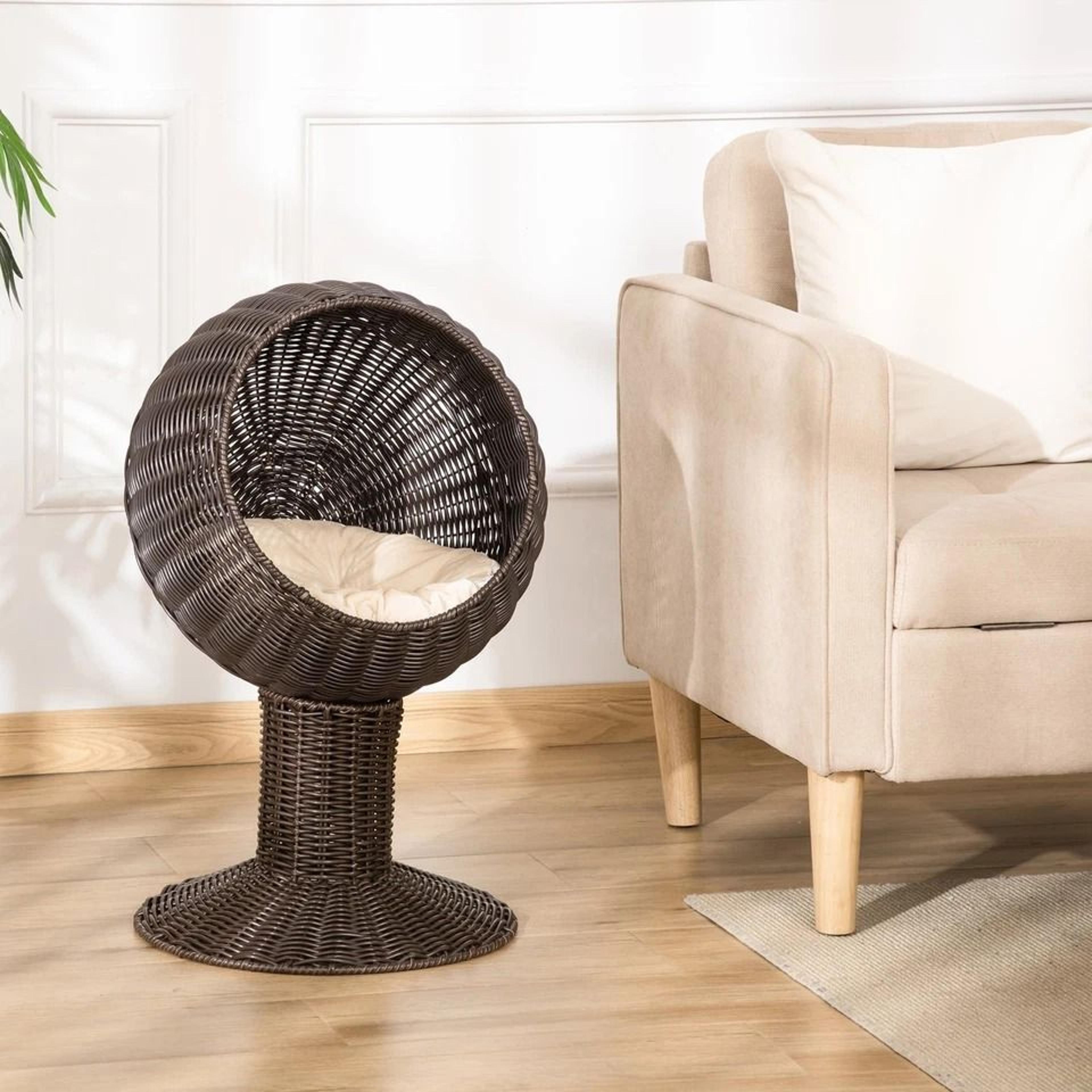 rattan wicker elevated cat house with cushion cozy kitty scratch house for indoor cats