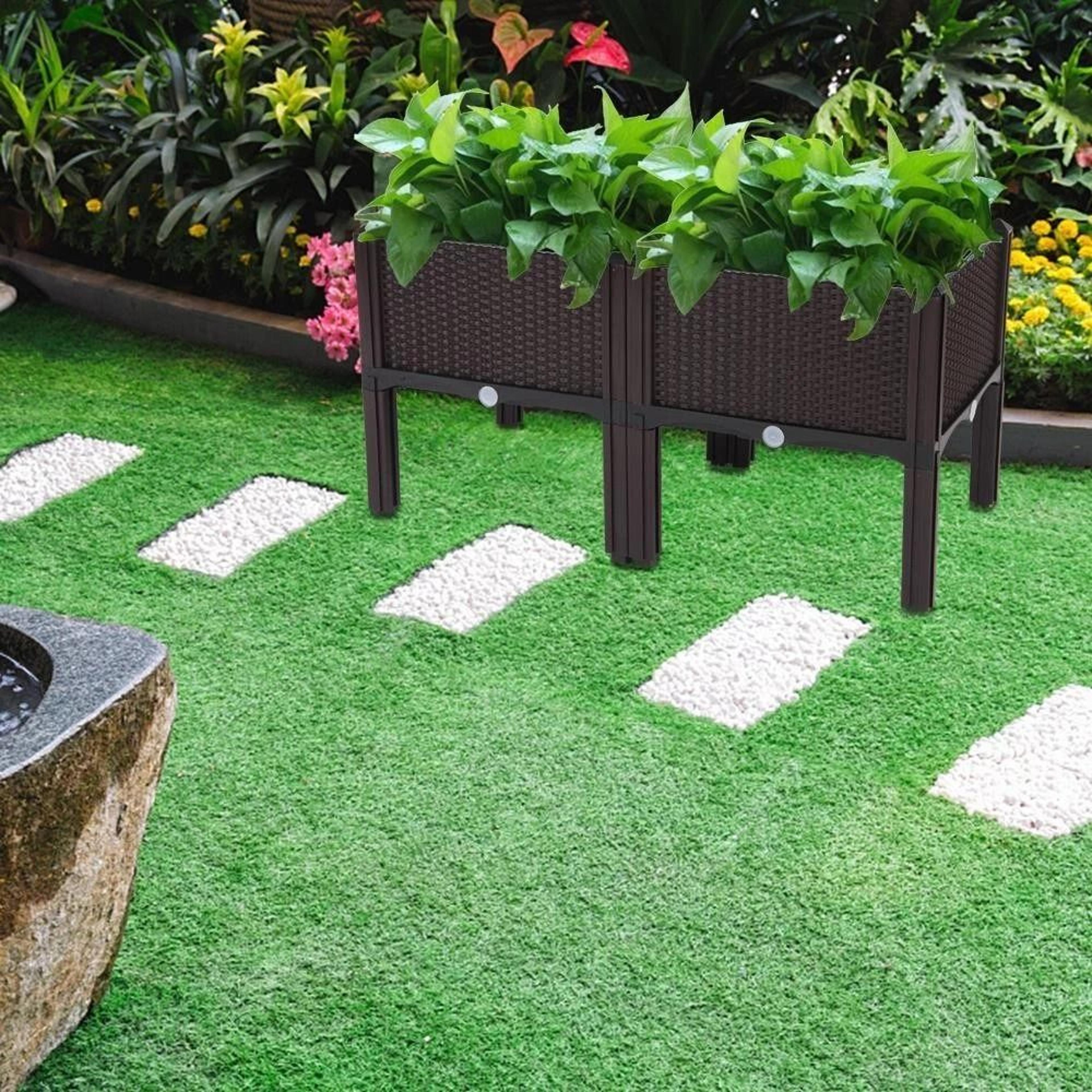 outdoor garden raised planter box for vegetables, flowers & herbs brown, weather-resistant plastic