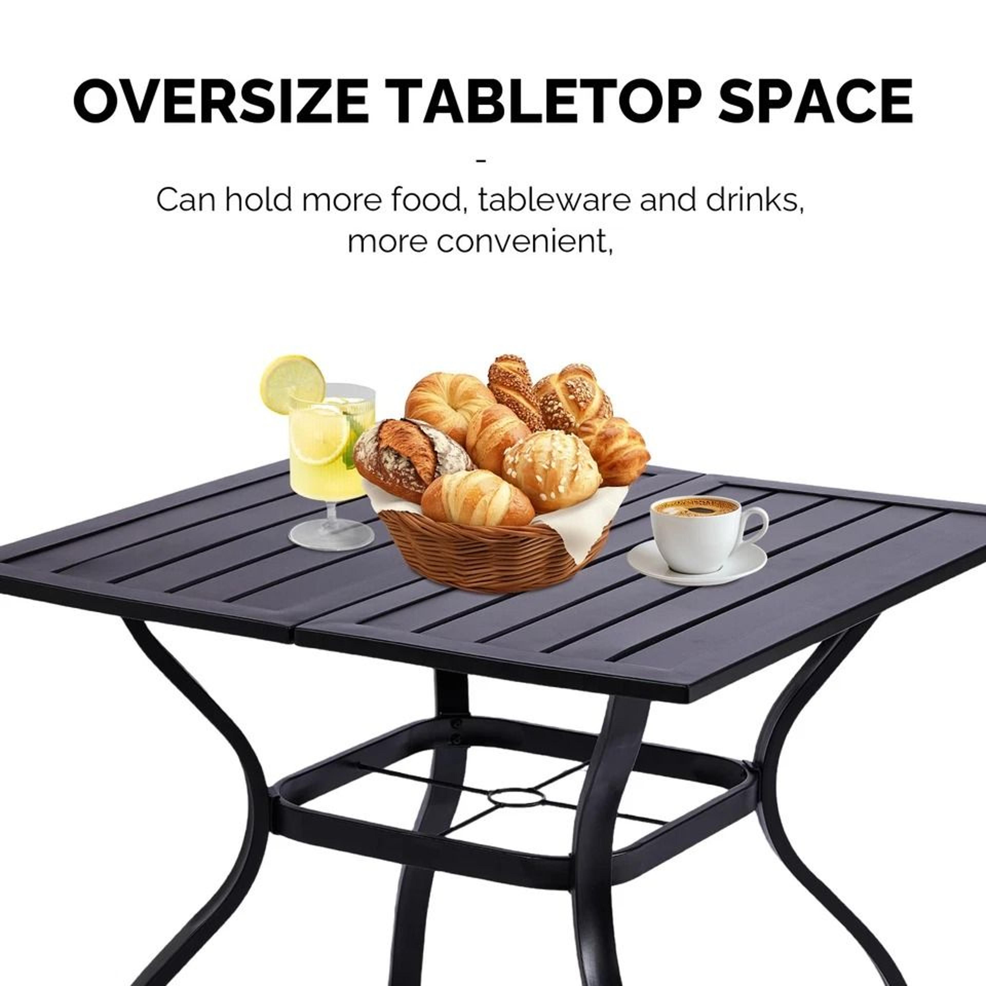 Outdoor Metal Bar Table With Umbrella Hole Durable Slatted Design 4