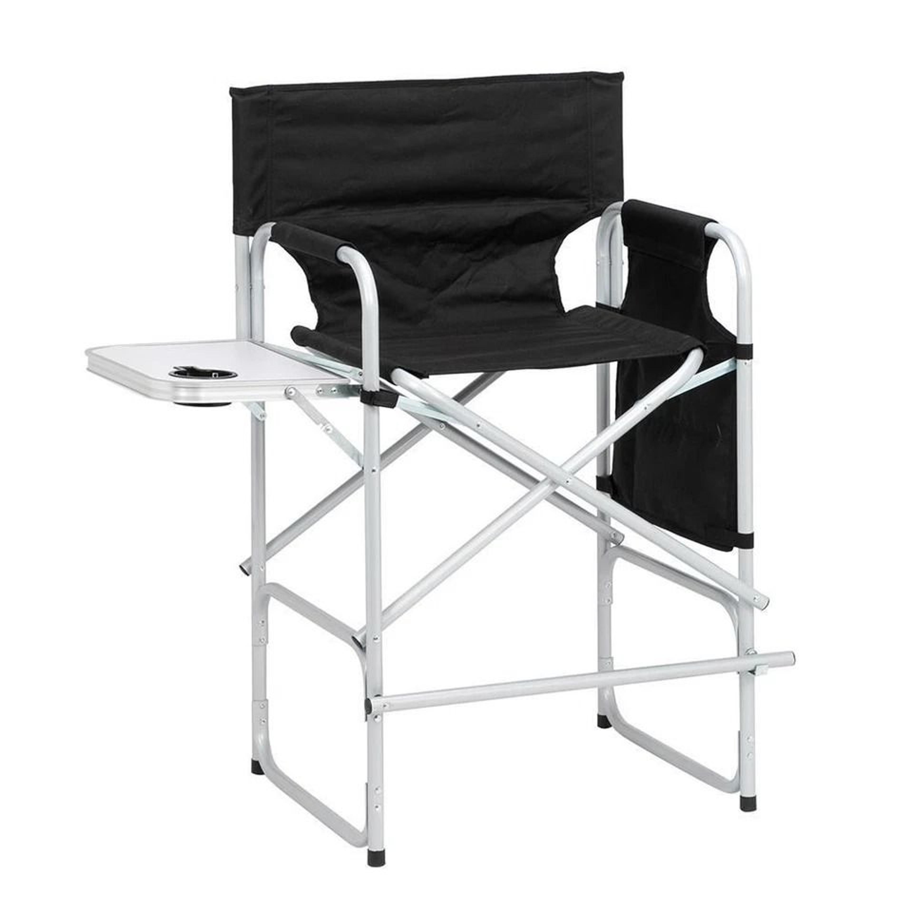 tall director chair with folding footrest black iron, outdoor & indoor use