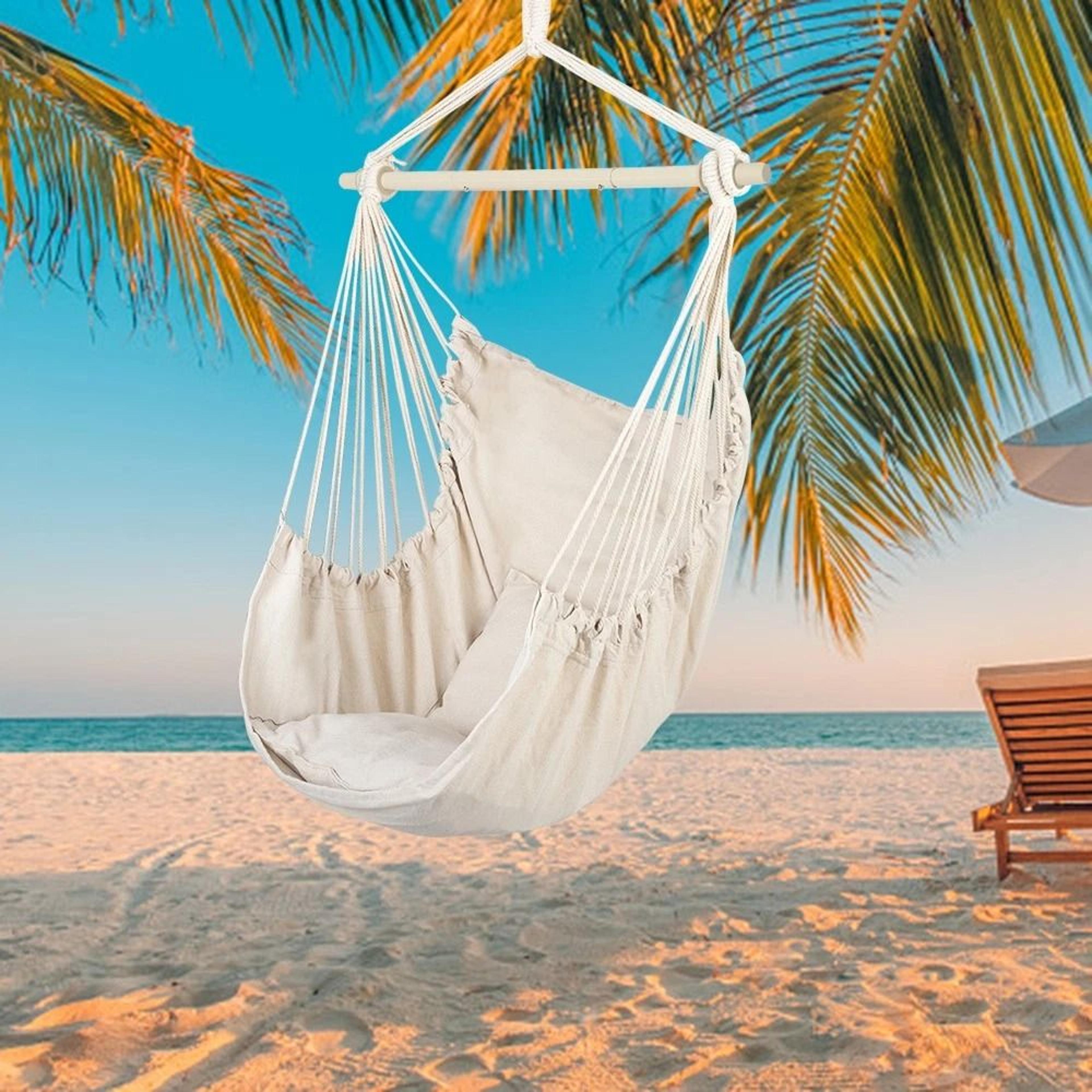 hammock chair swing with pillows beige cotton canvas patio seat, wooden stand, outdoor comfort