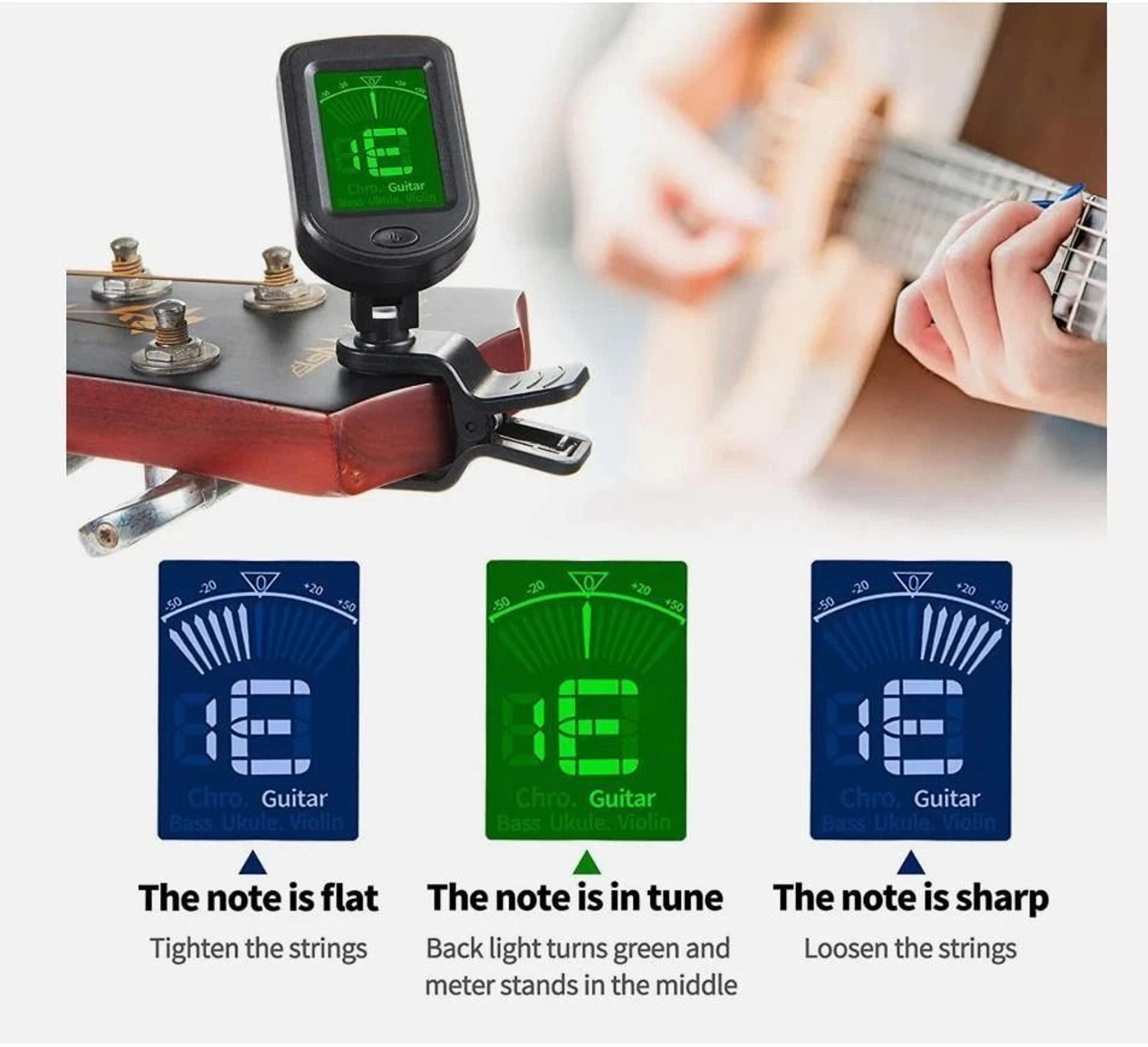 ClipOn Guitar Tuner With LCD Display Chromatic Digital Tuner For Guitar Bass Ukulele Violin 11