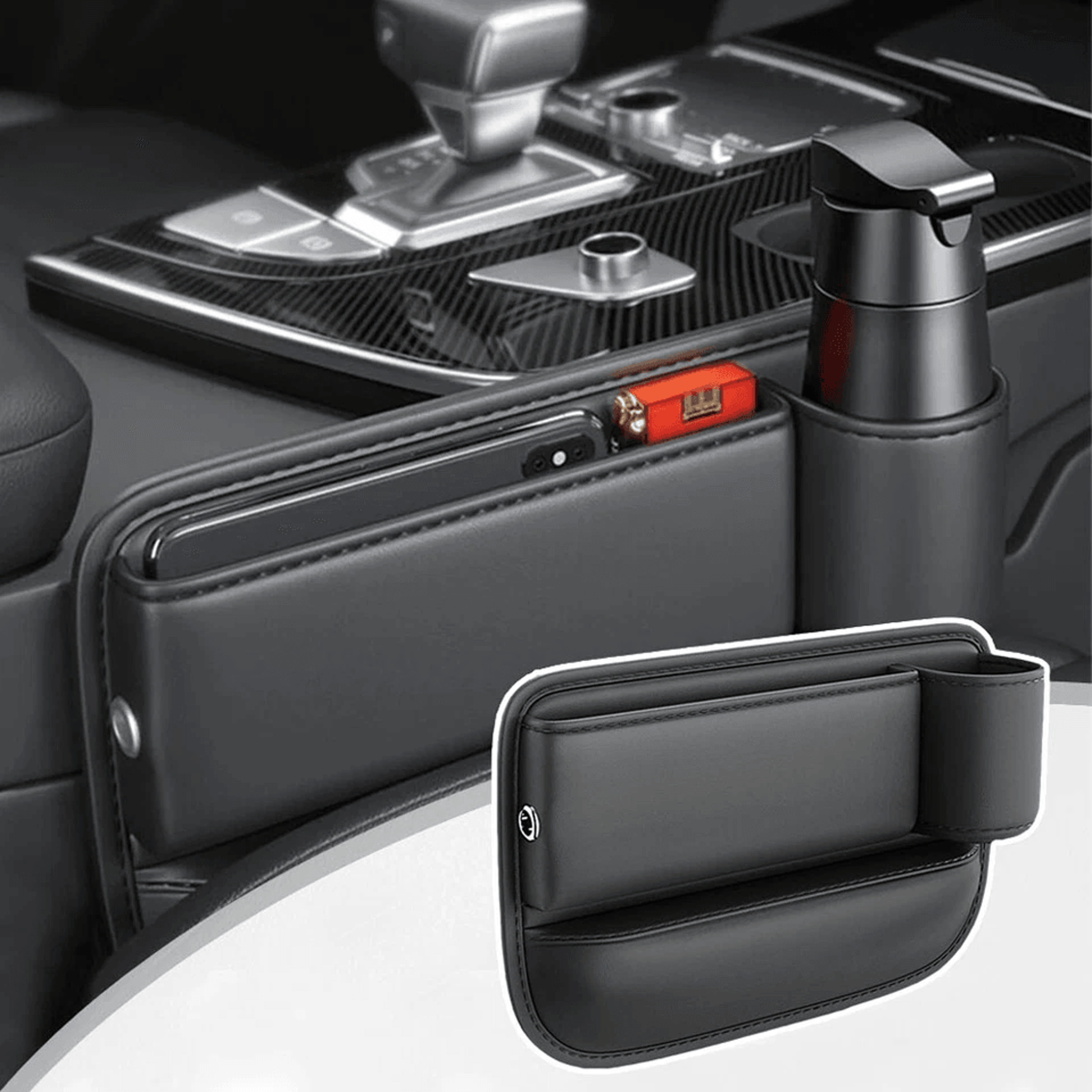 right side car seat gap organizer with cup holder and storage box