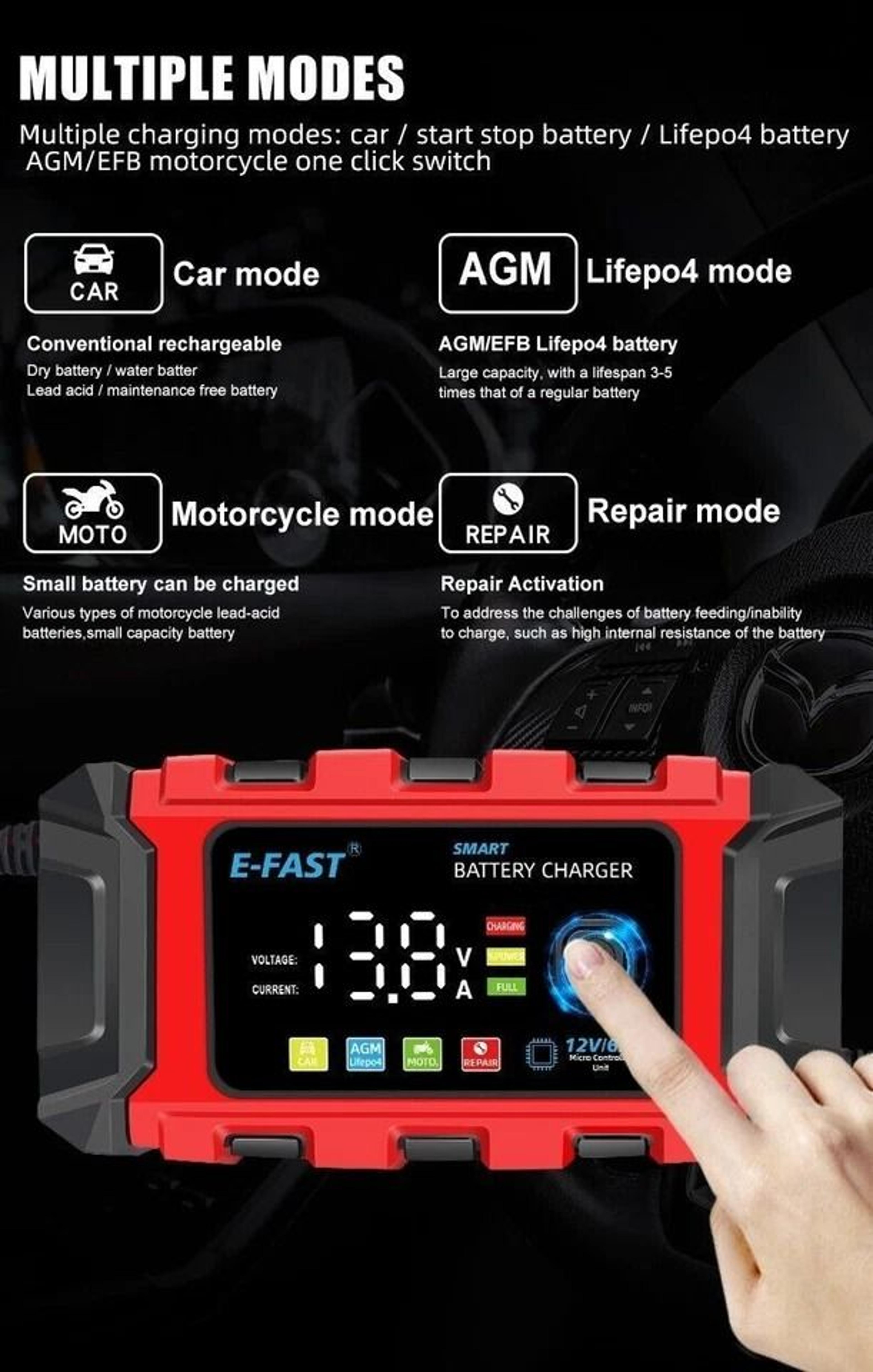 Smart Car Battery Charger Maintainer For Motorcycle AGM Batteries 11
