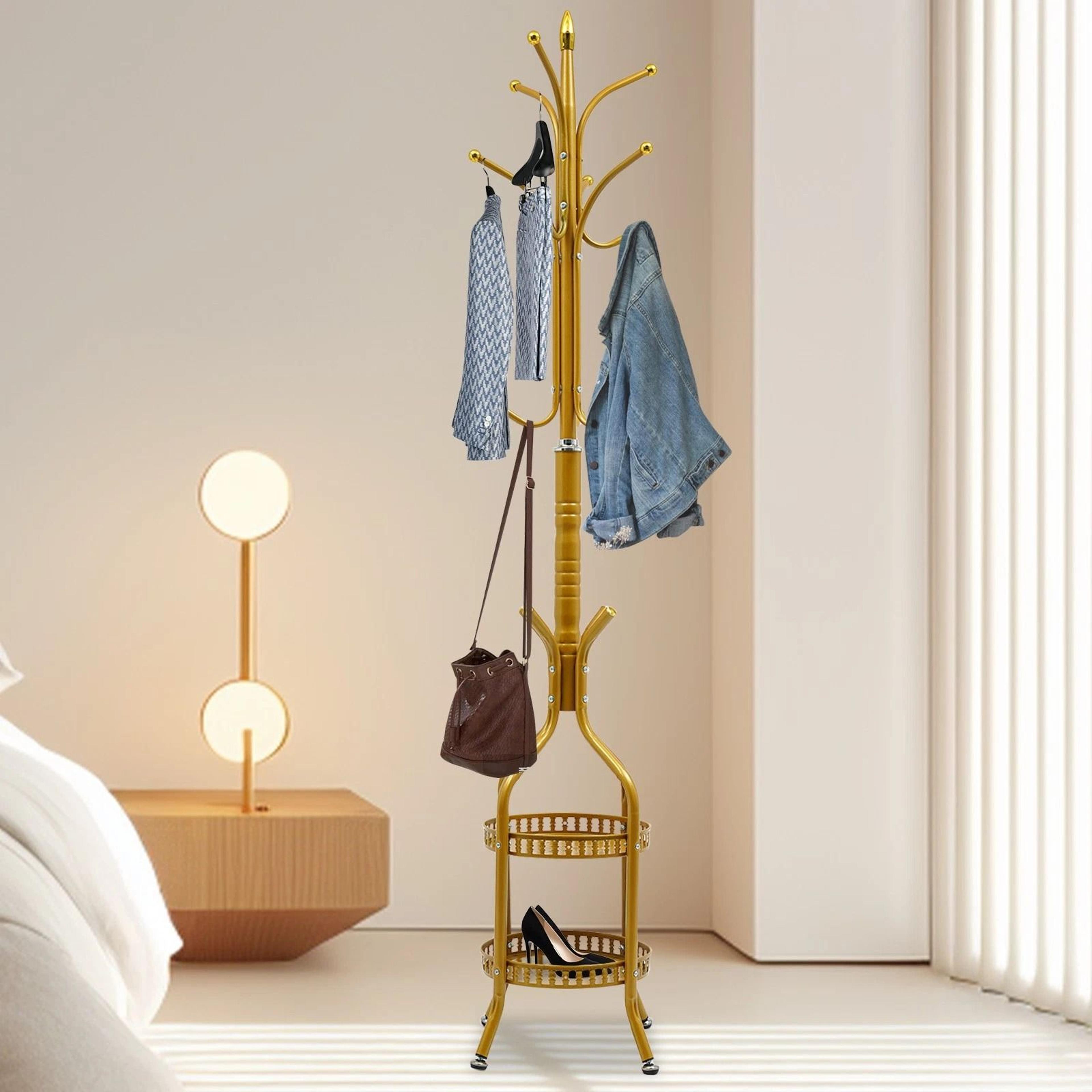 premium metal coat rack with storage basket freestanding hat & coat stand organizer