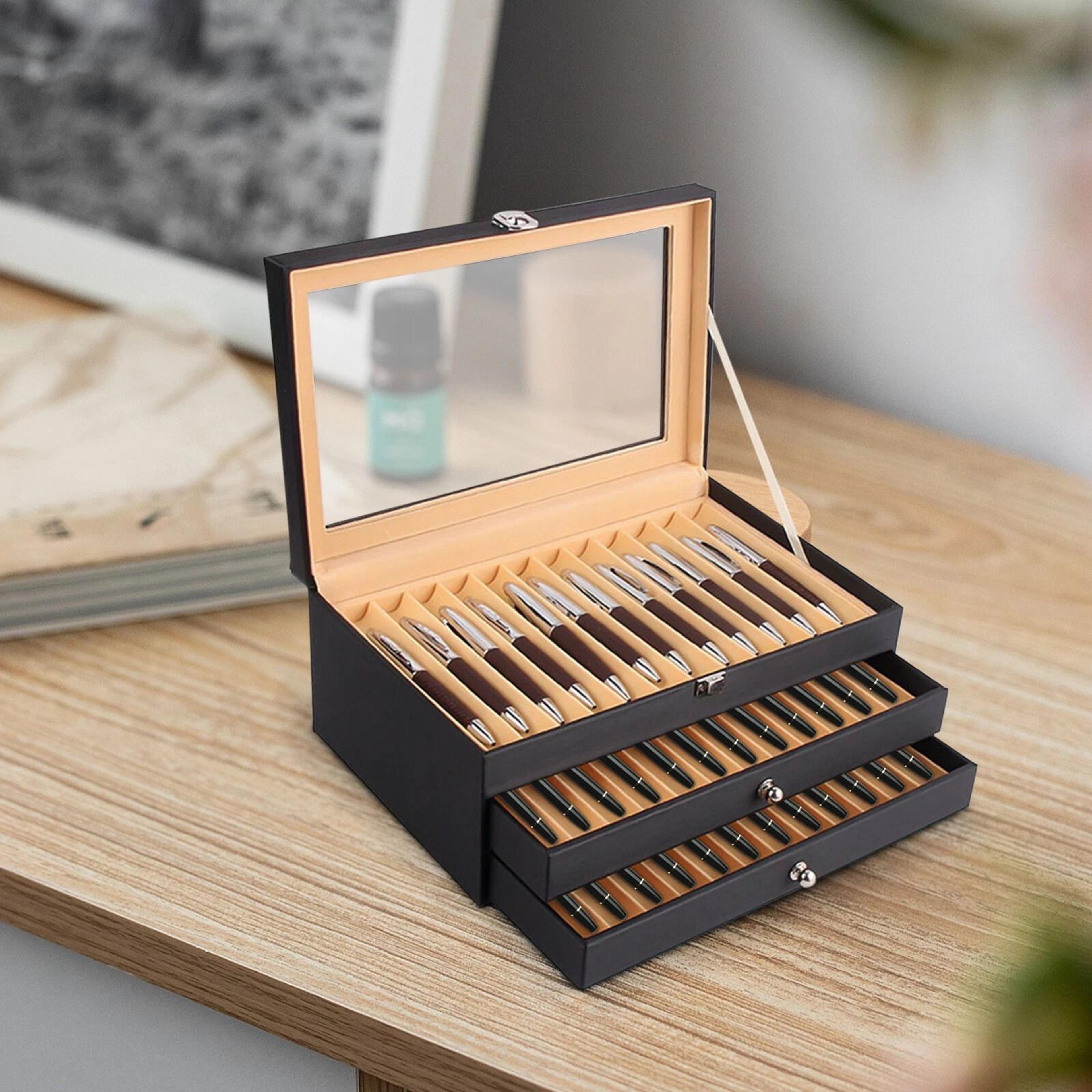 premium leather pen collector display case slot fountain pen organizer storage box
