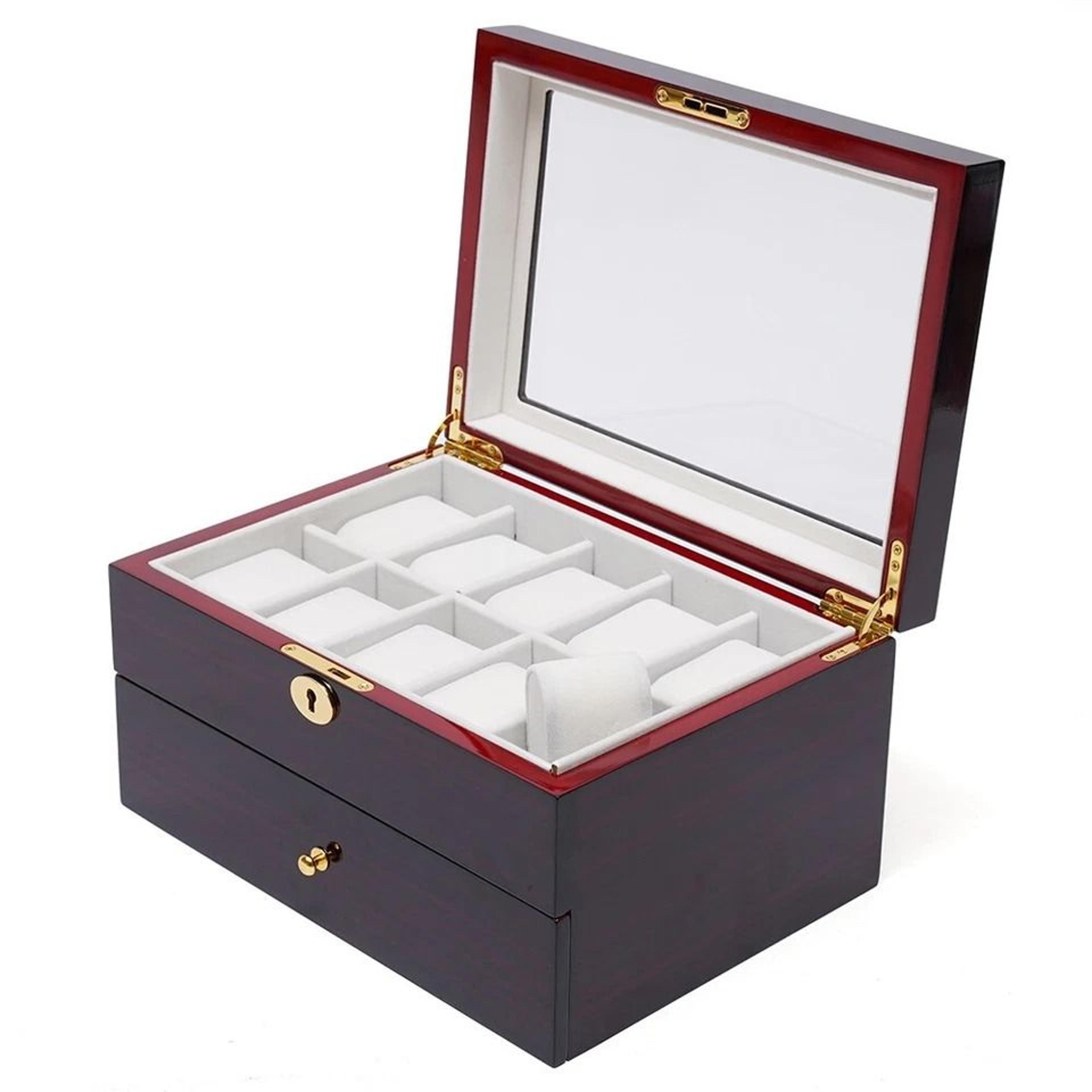 premium slot wood watch display case with glass top lock elegant watch storage organizer