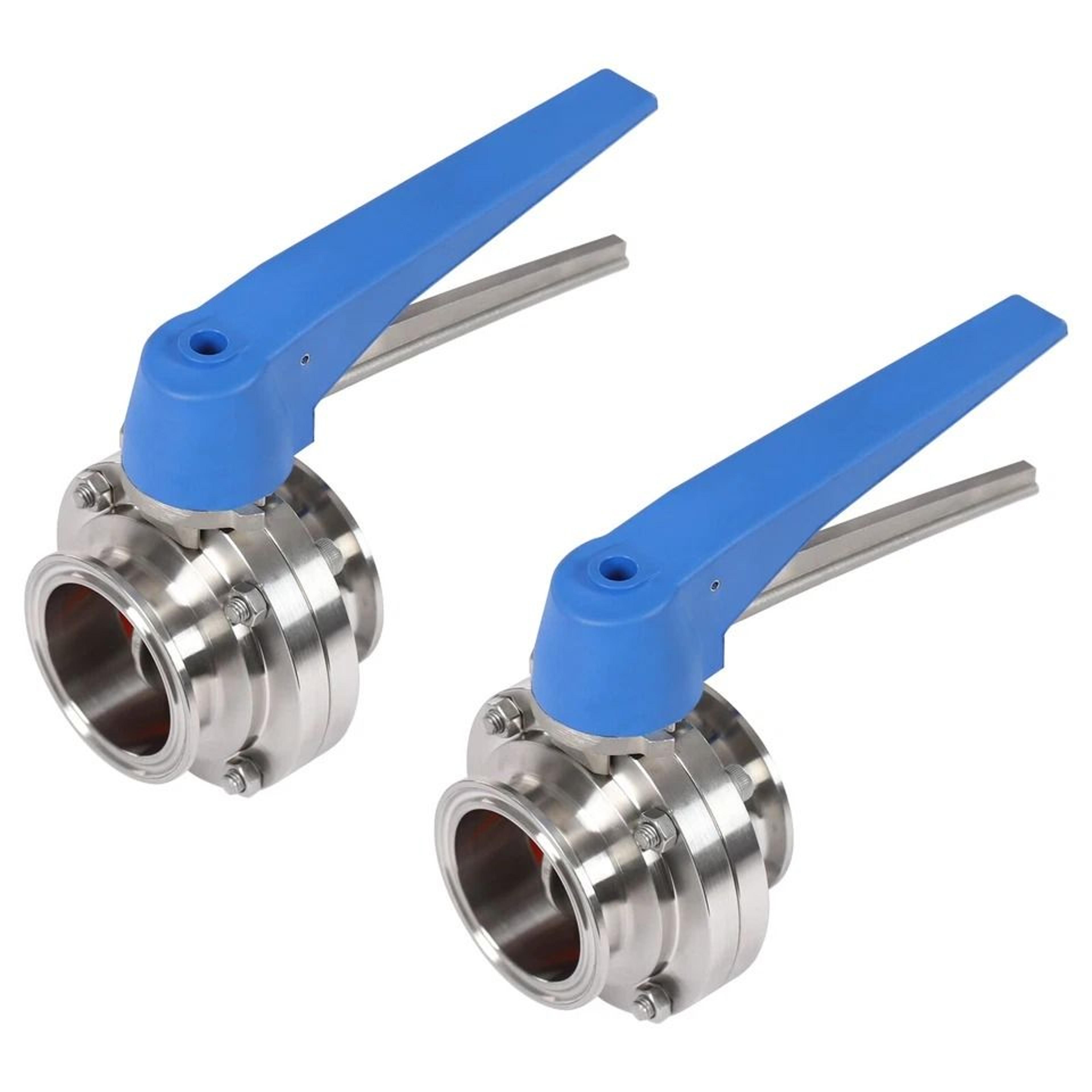 stainless steel industrial butterfly valve set with blue trigger handle manual flow control