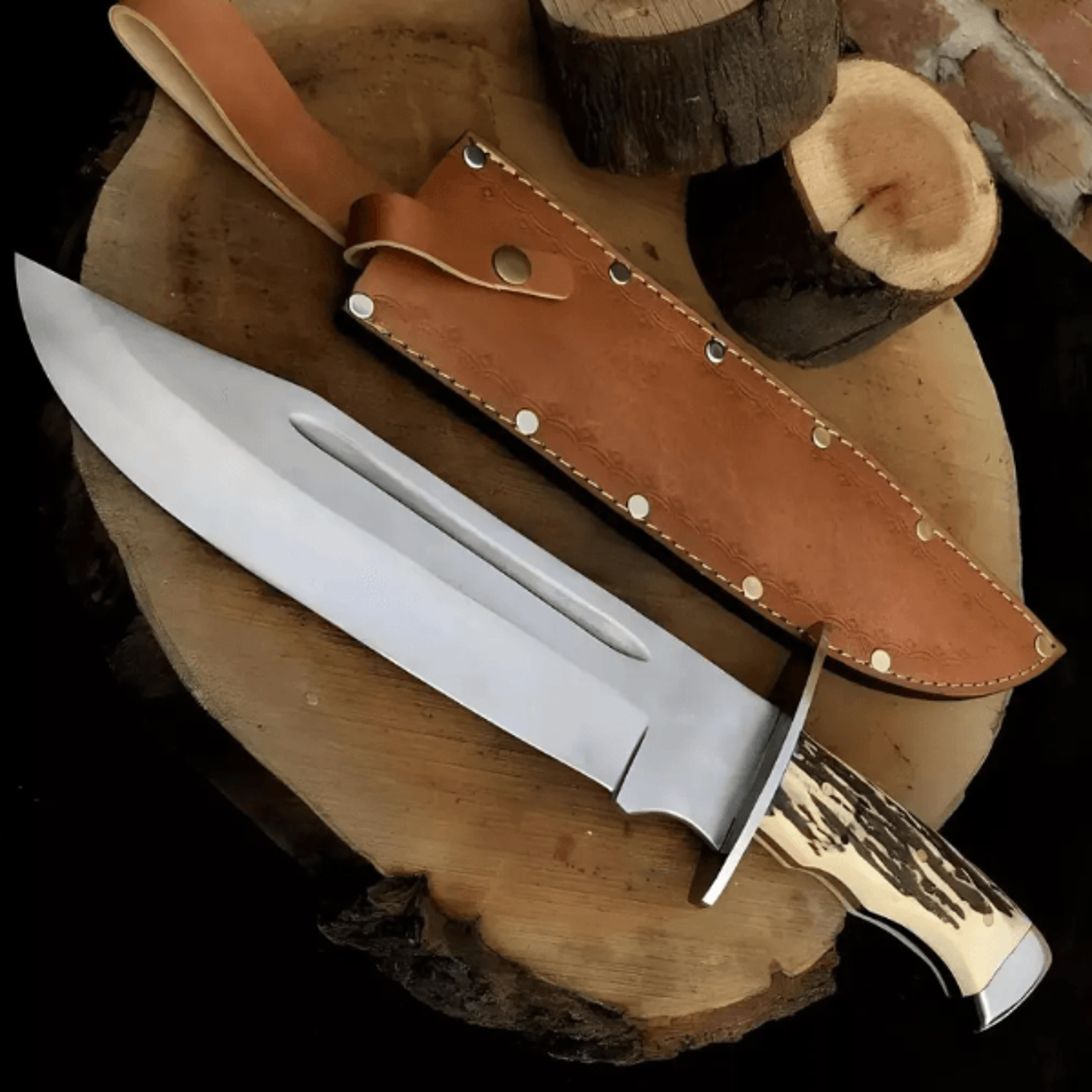 d2 steel jungle hunting bowie knife | hand-forged full tang stag handle knife for men | outdoor survival & collectible