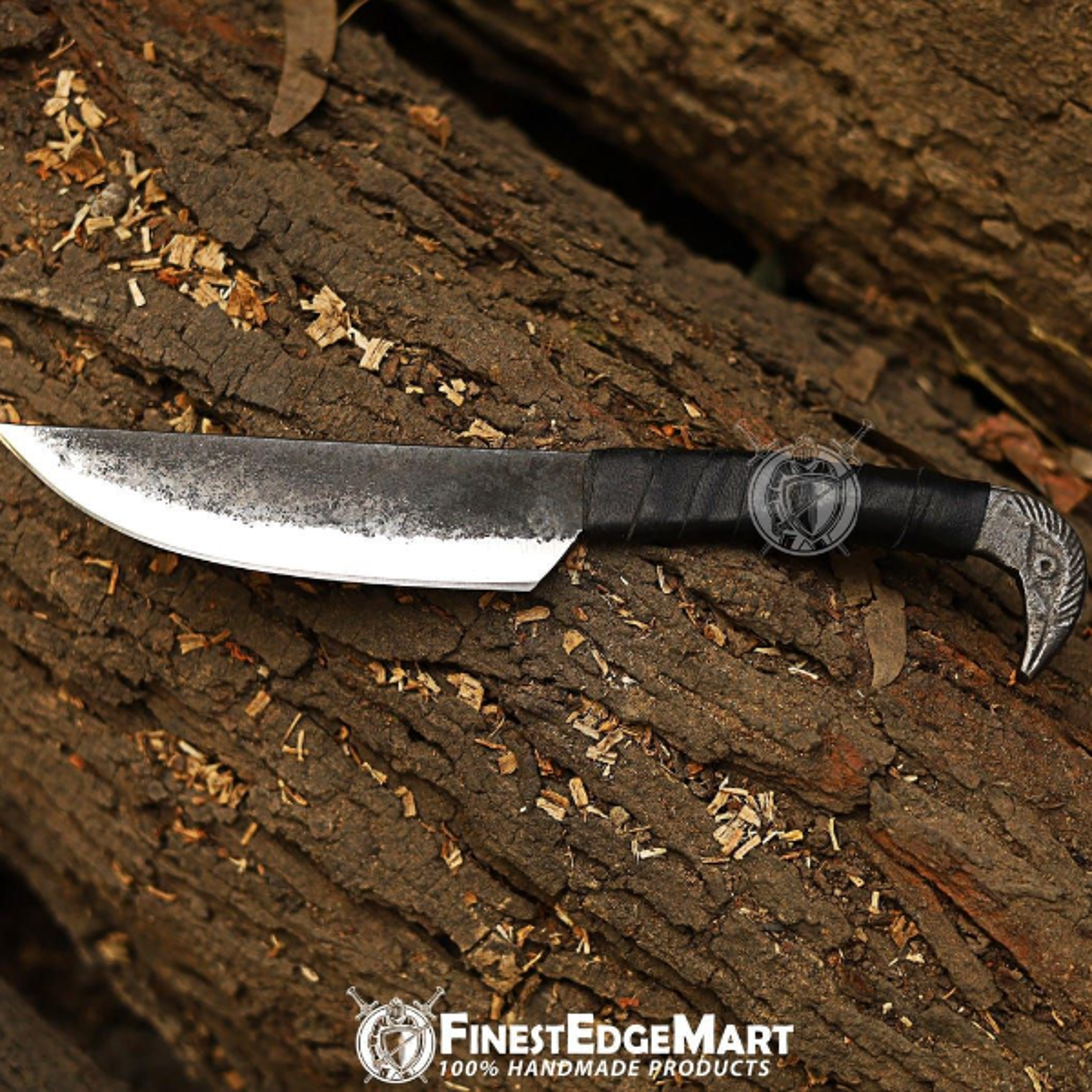 handmade viking raven head knife with carbon steel blade and leather sheath - unique collectible gift for outdoor enthus