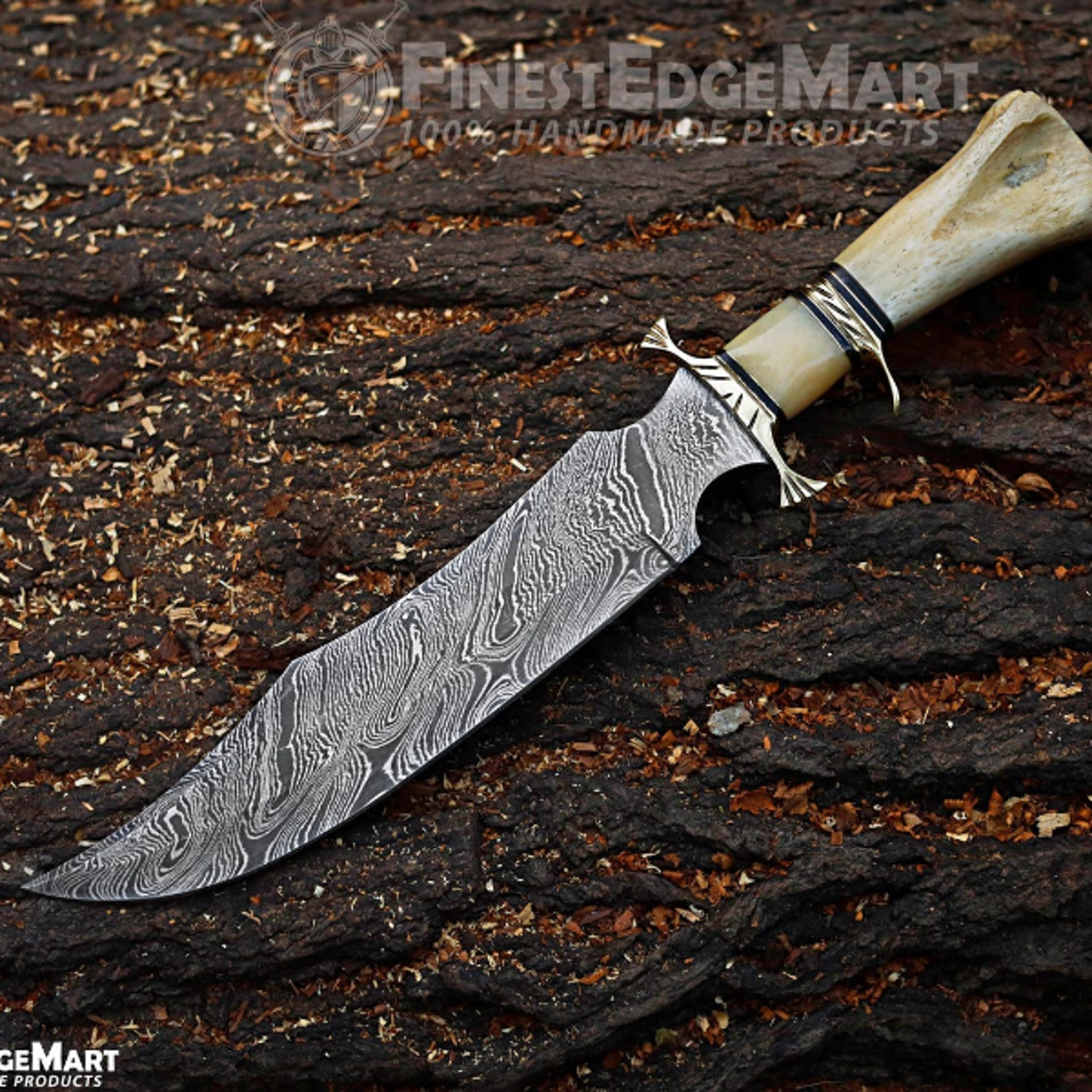 handcrafted damascus steel bowie knife with camel bone handle and leather sheath - perfect gift for outdoor enthusiasts