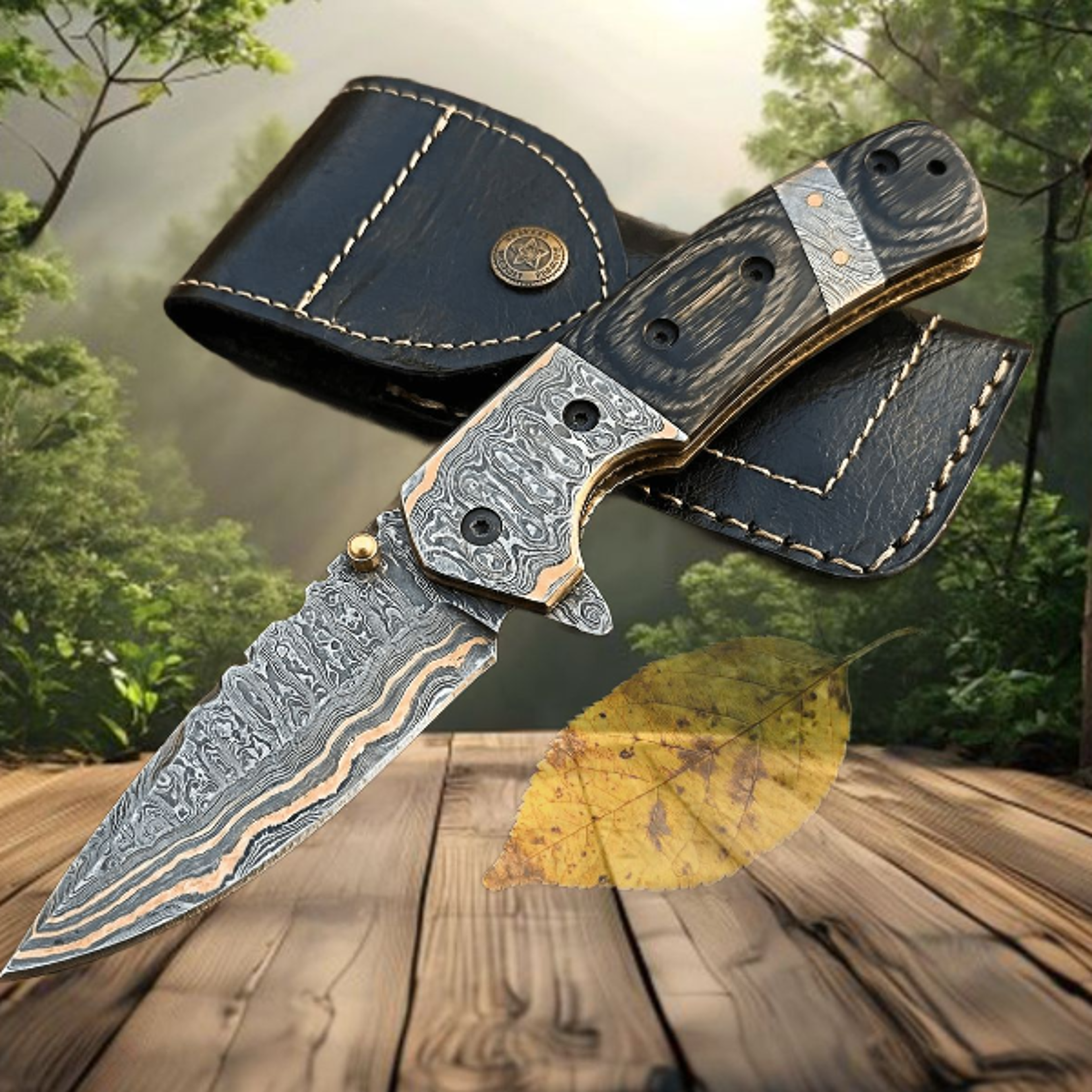 handmade copper damascus folding pocket knife with sheath - unique gift for groomsmen outdoor enthusiasts and collectors