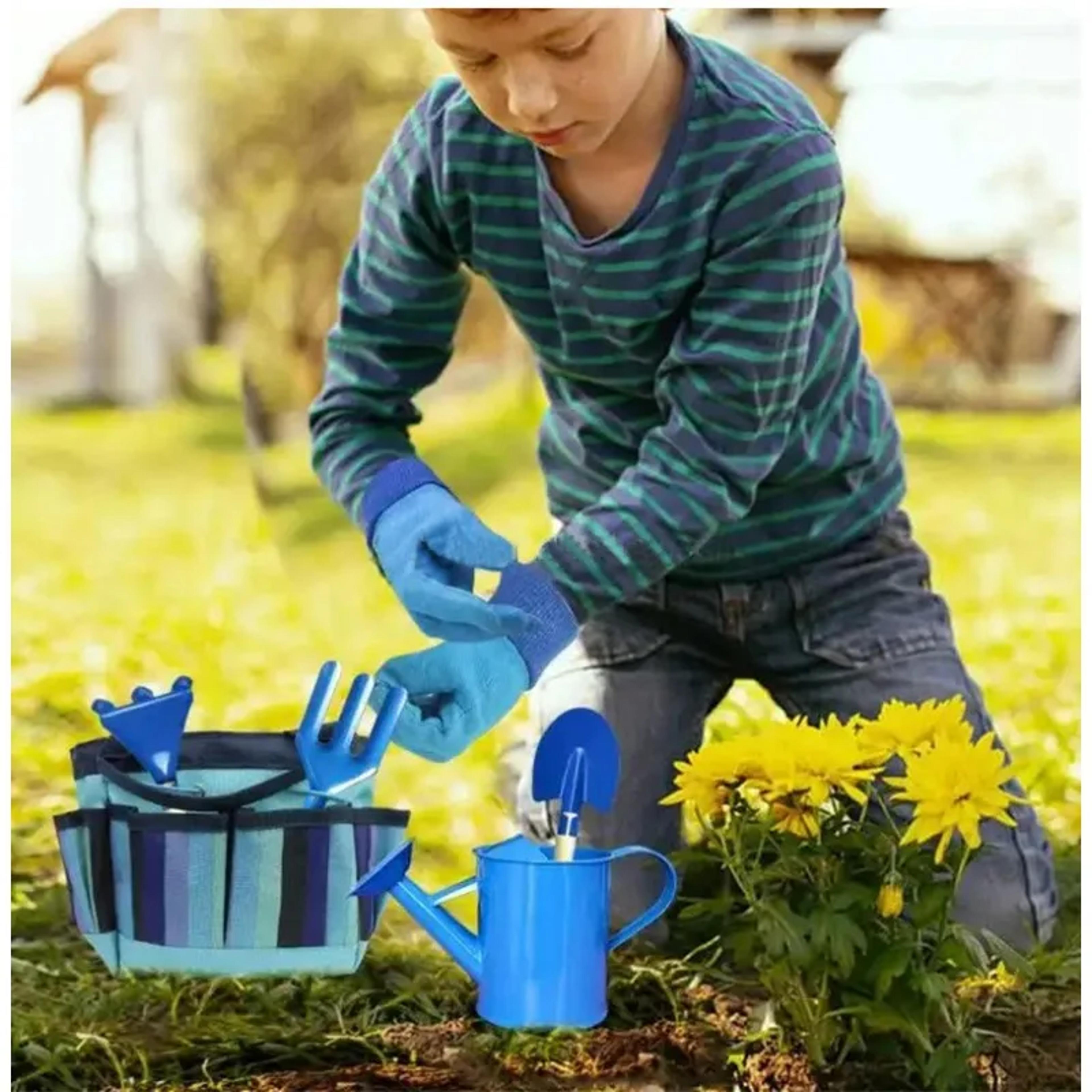 gardening tool set for kids, shovel, rake, fork, trowel, gloves, watering can, tote bag, outdoor gardening toys for boys