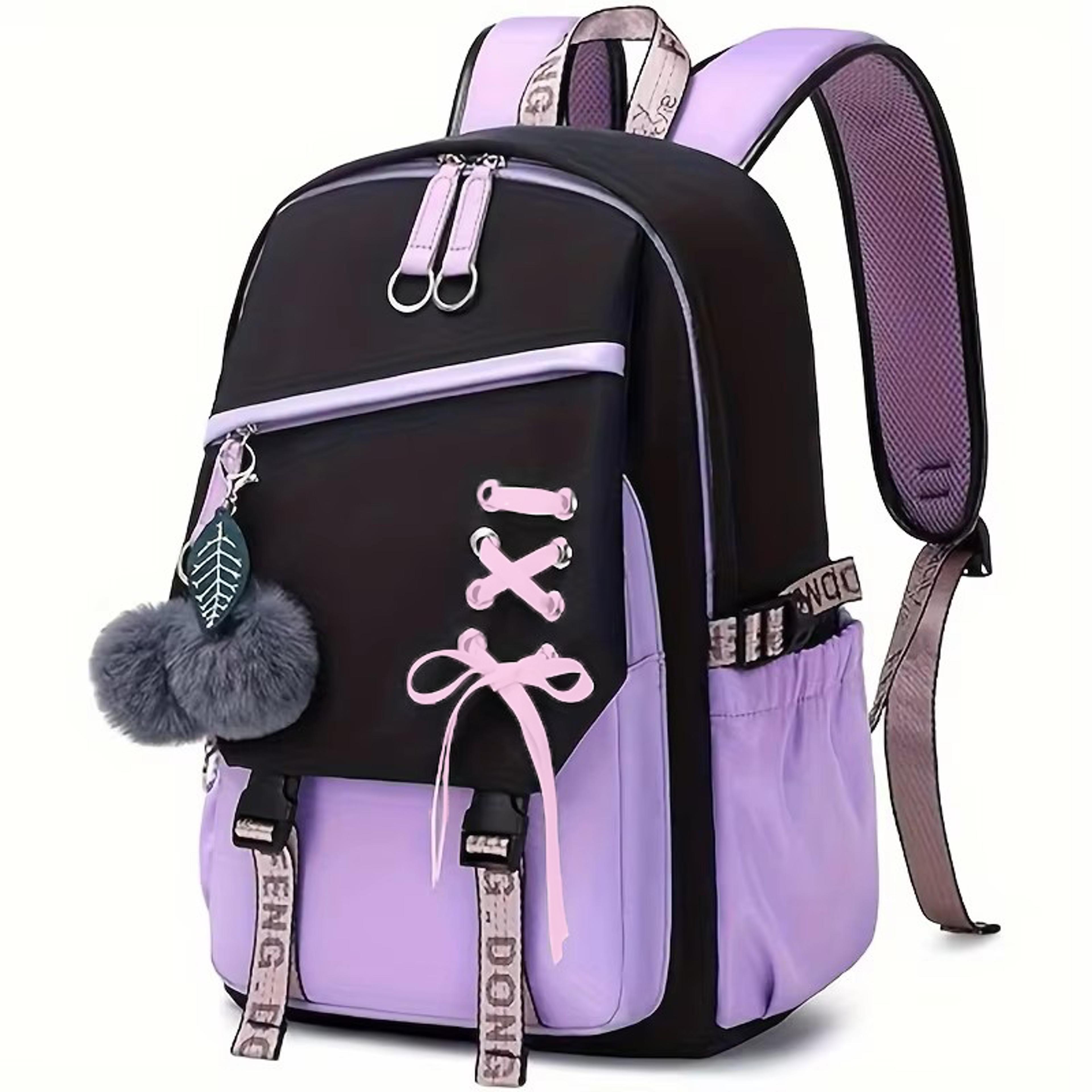cute girls backpack, large capacity schoolbag with plush pendant, waterproof nylon fabric bookbag for teens, kids, stude
