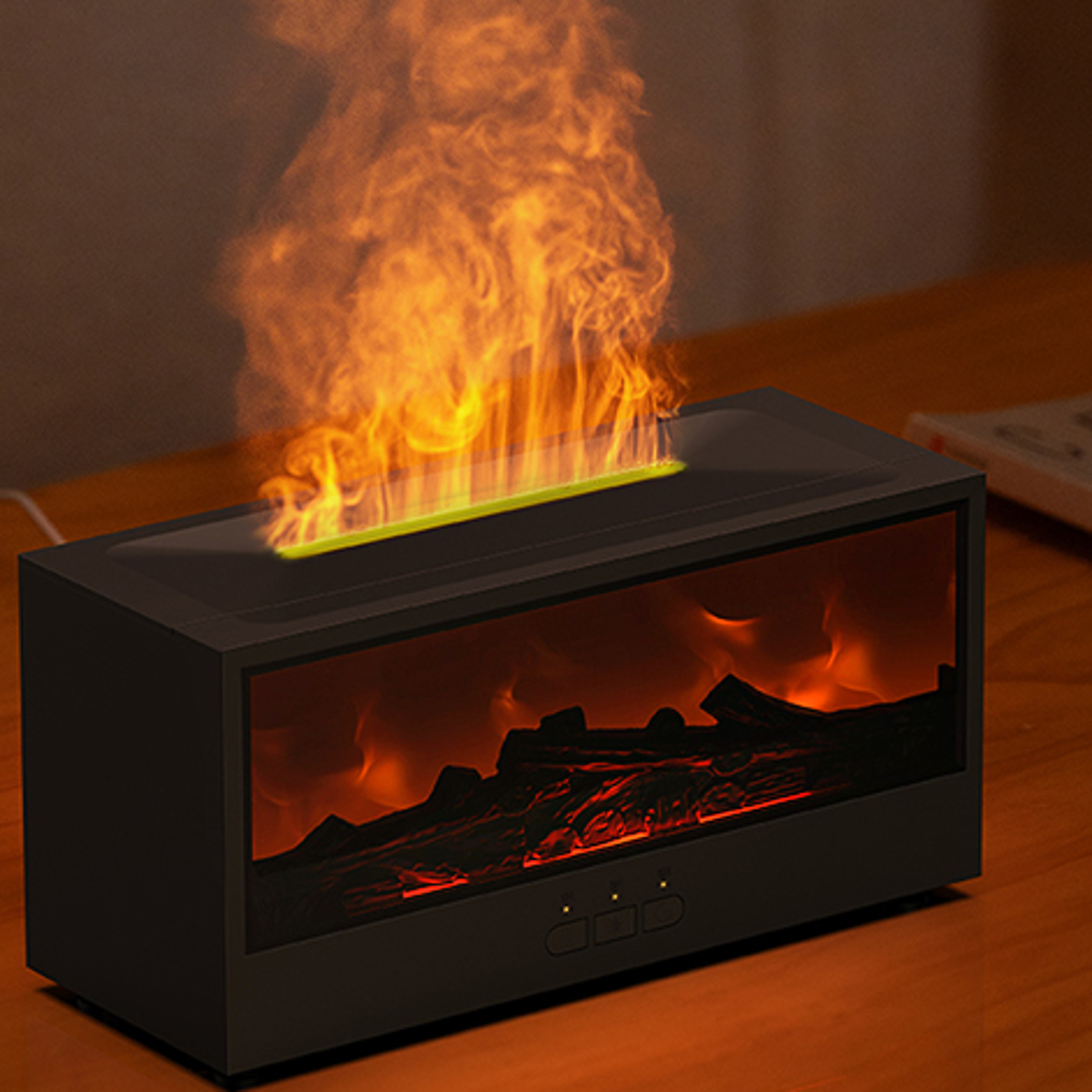 aroma diffuser humidifier with essential oils, led light & remote control - simulated fireplace air freshener