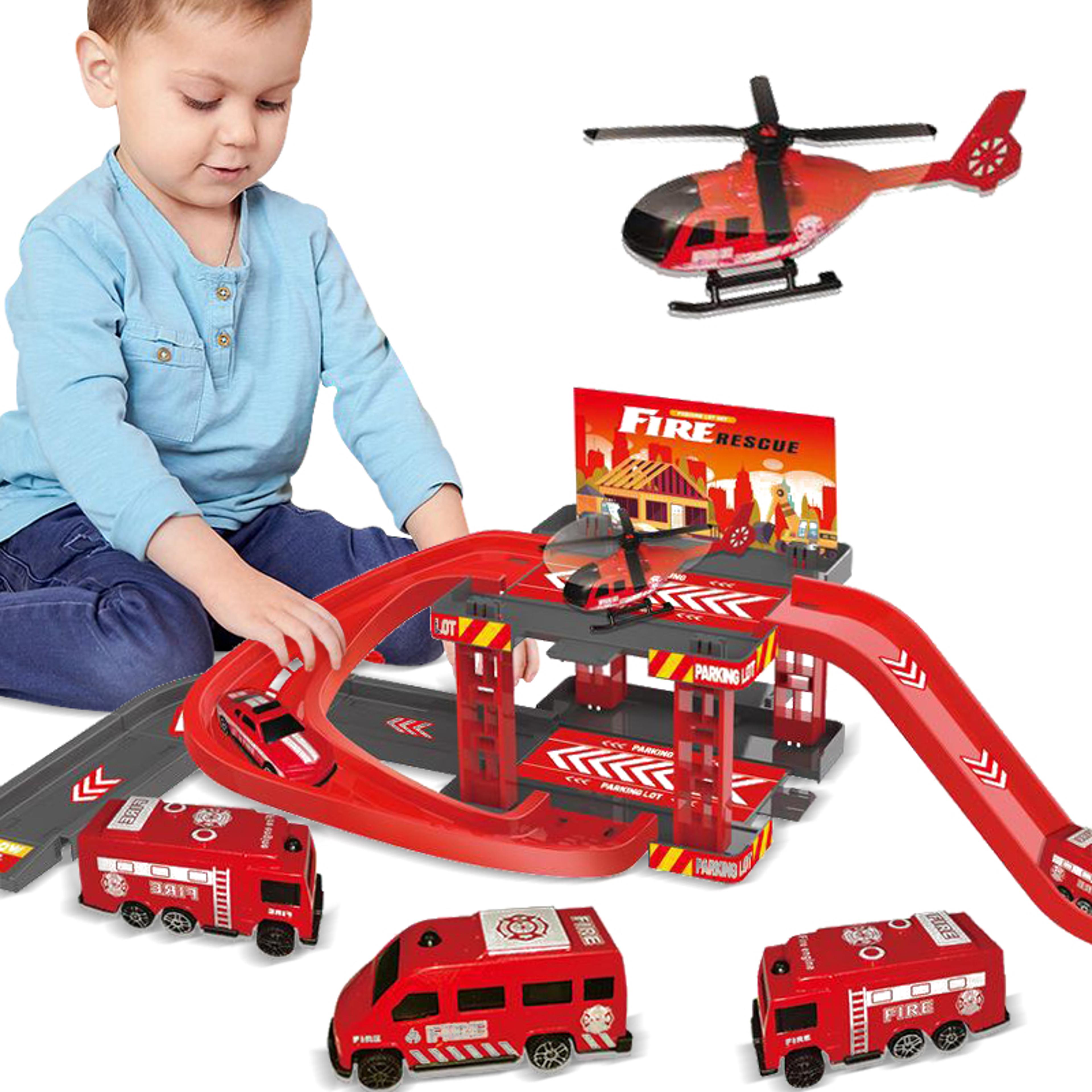 children multi storey parking lot toy set fire, police, dinosaur cars