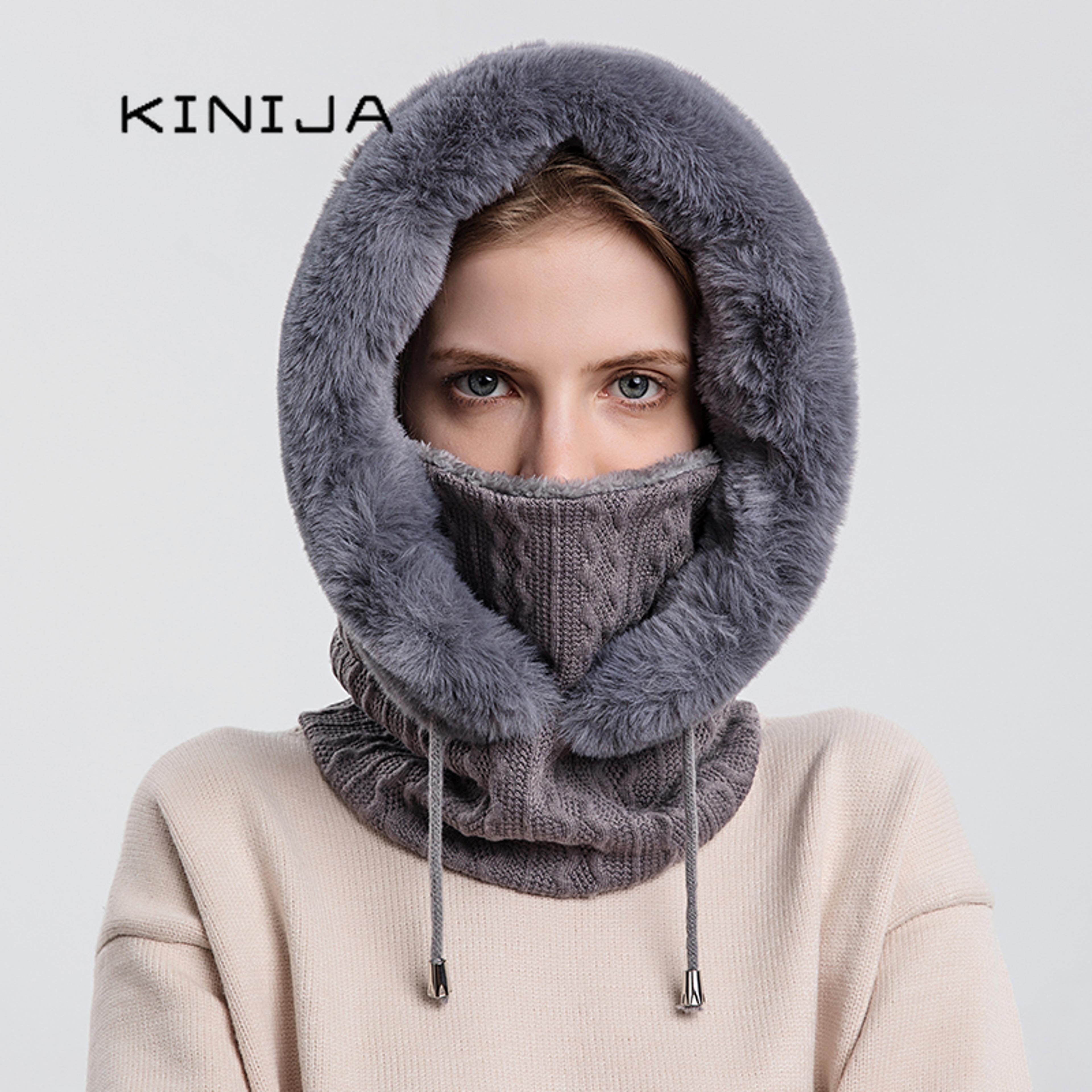 Winter Fur Hooded Mask Set For Women Knitted Cashmere Neck Warmer Windproof Balaclava Ski Hat 2
